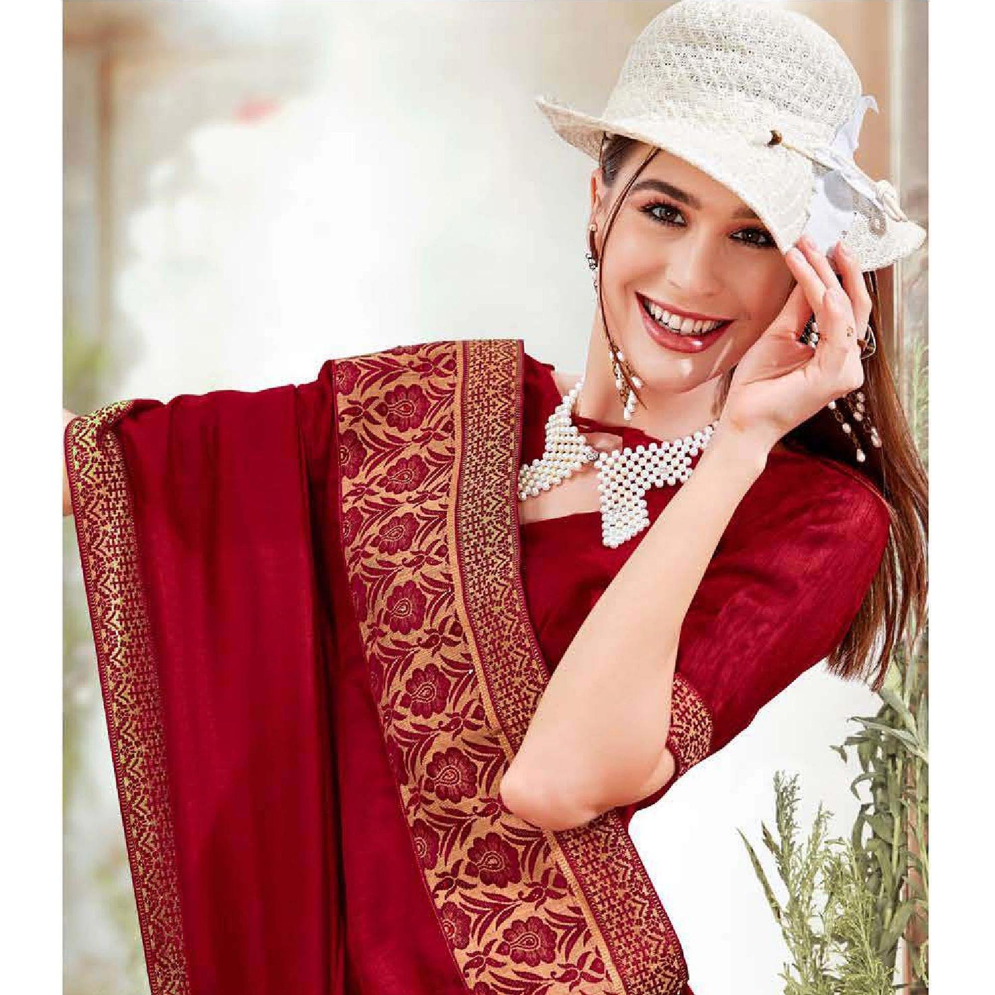 Maroon Casual Wear Solid Silk Saree With Fancy Border - Peachmode