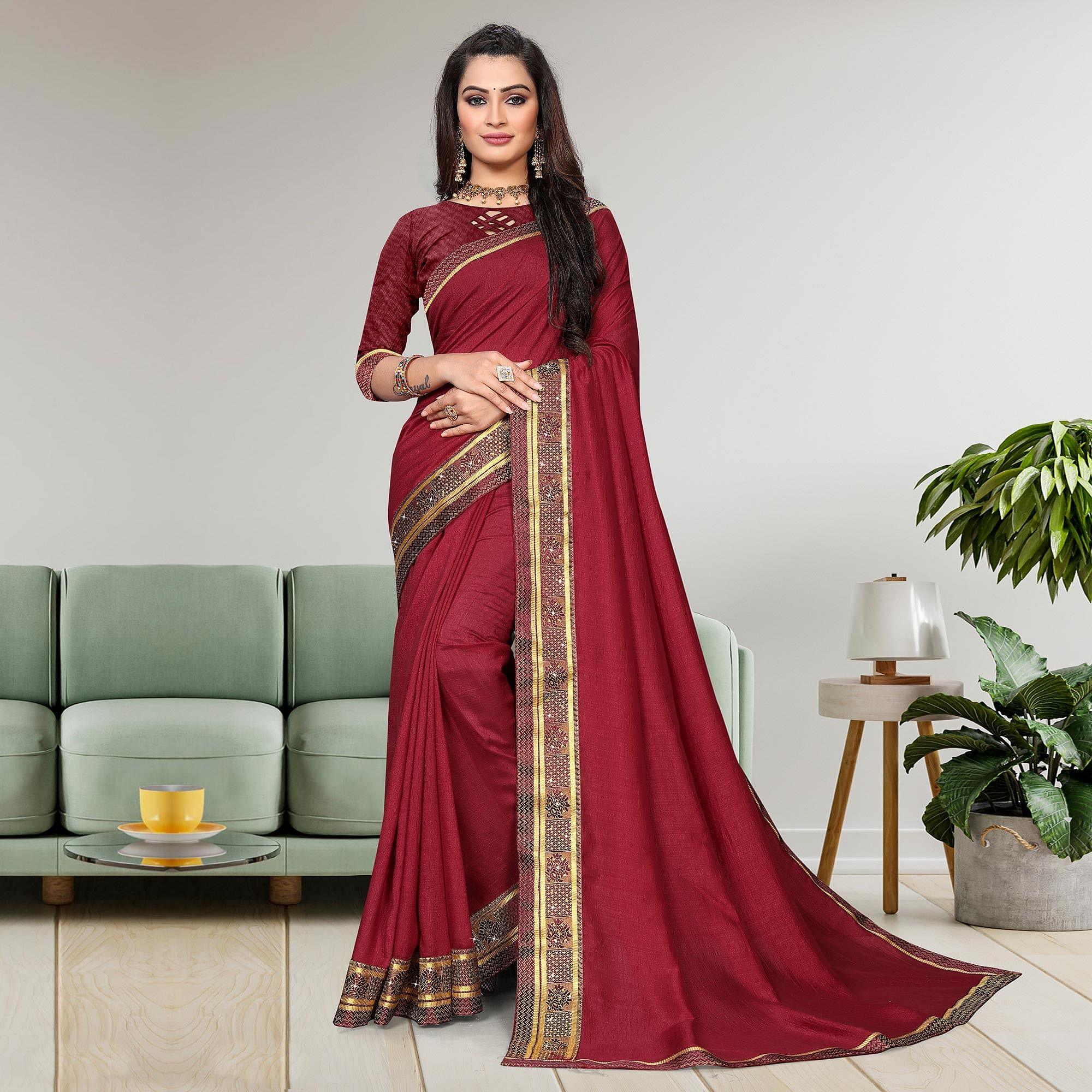 Maroon Casual Wear Solid Vichitra Silk Saree - Peachmode