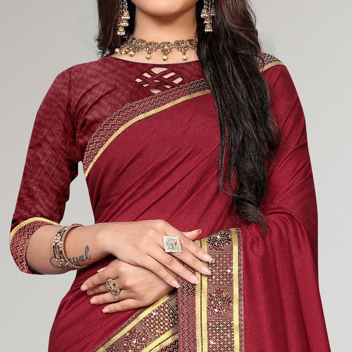 Maroon Casual Wear Solid Vichitra Silk Saree - Peachmode