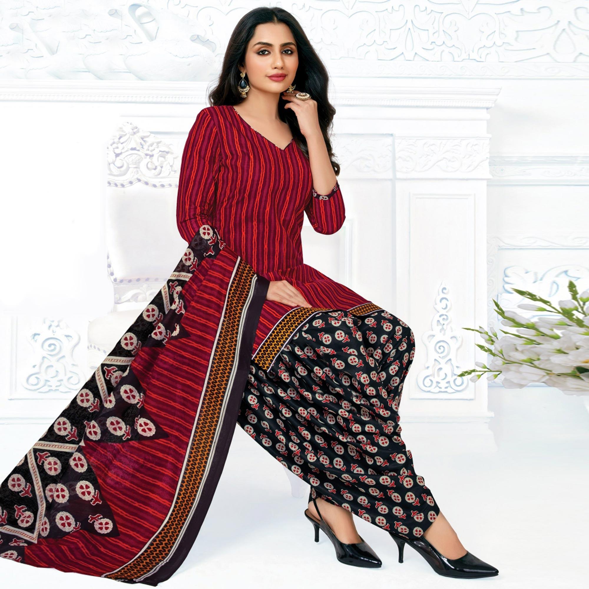 Maroon Casual Wear Striped Printed Cotton Patiala Dress Material - Peachmode