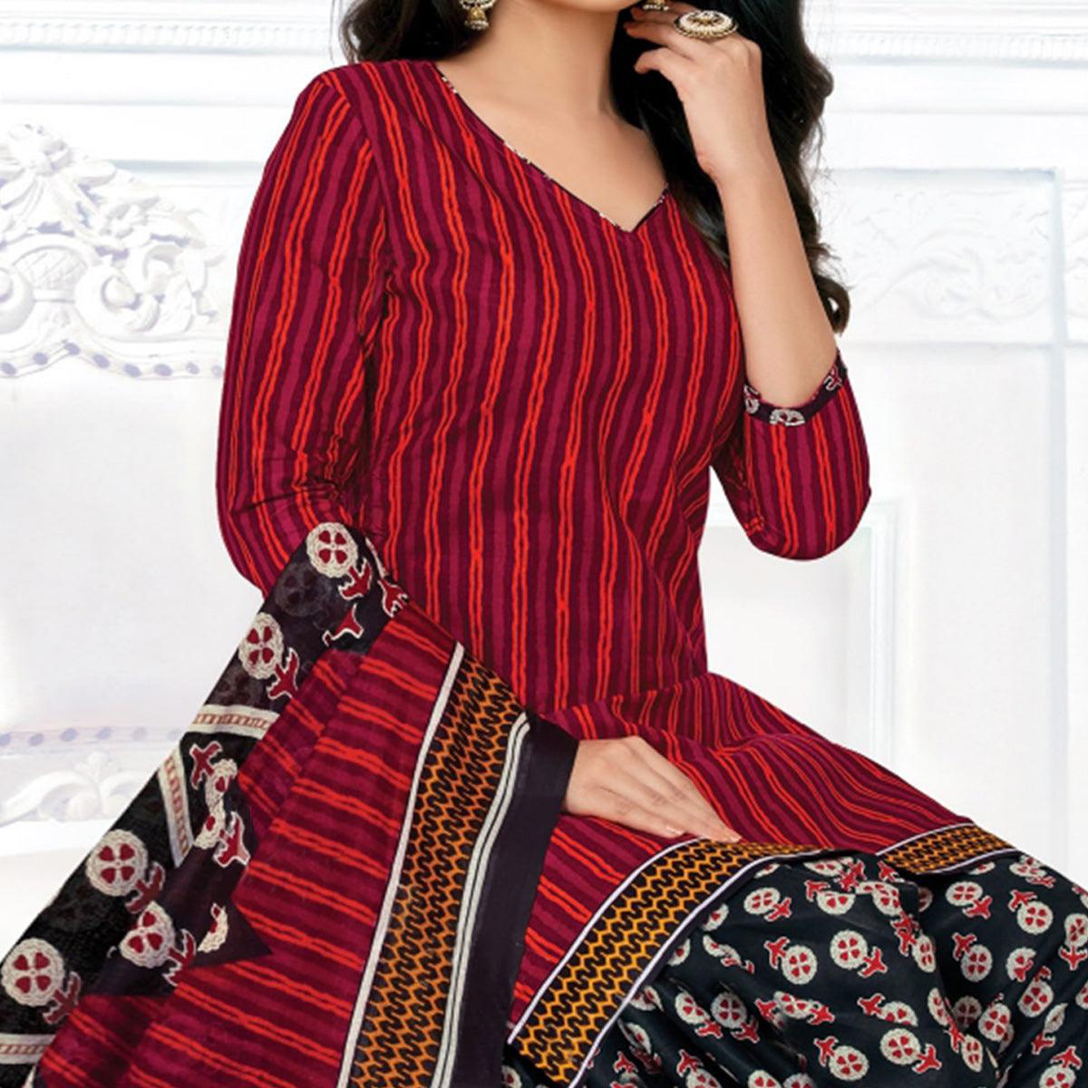 Maroon Casual Wear Striped Printed Cotton Patiala Dress Material - Peachmode