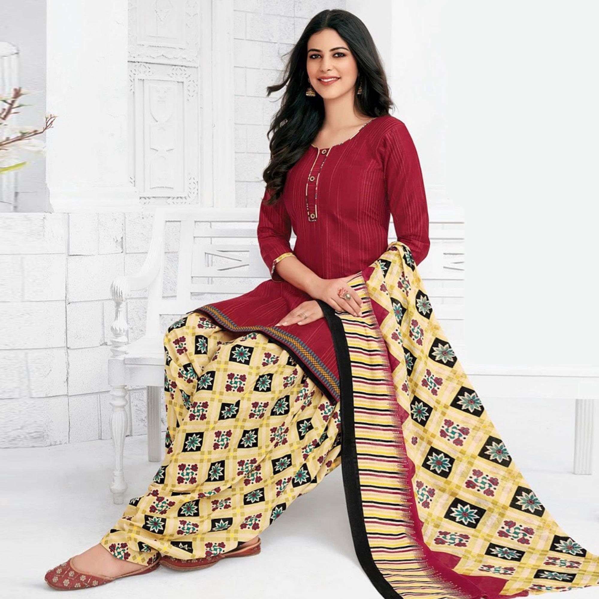 Maroon Casual Wear Stripes Printed Stitched Cotton Patiyala Suit With Dupatta - Peachmode