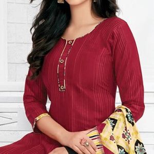 Maroon Casual Wear Stripes Printed Stitched Cotton Patiyala Suit With Dupatta - Peachmode