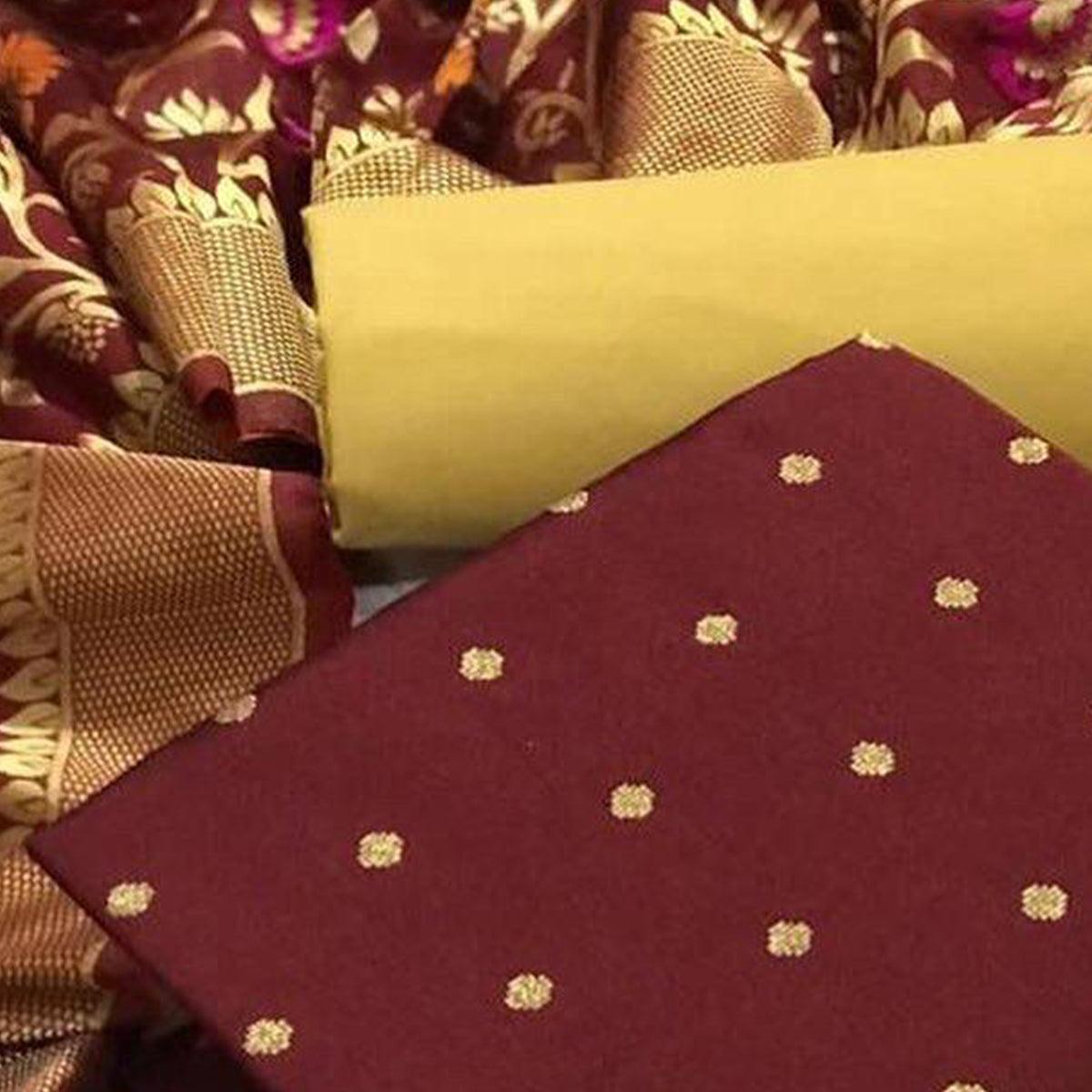 Maroon Casual Wear Woven Banarasi Silk Dress Material - Peachmode