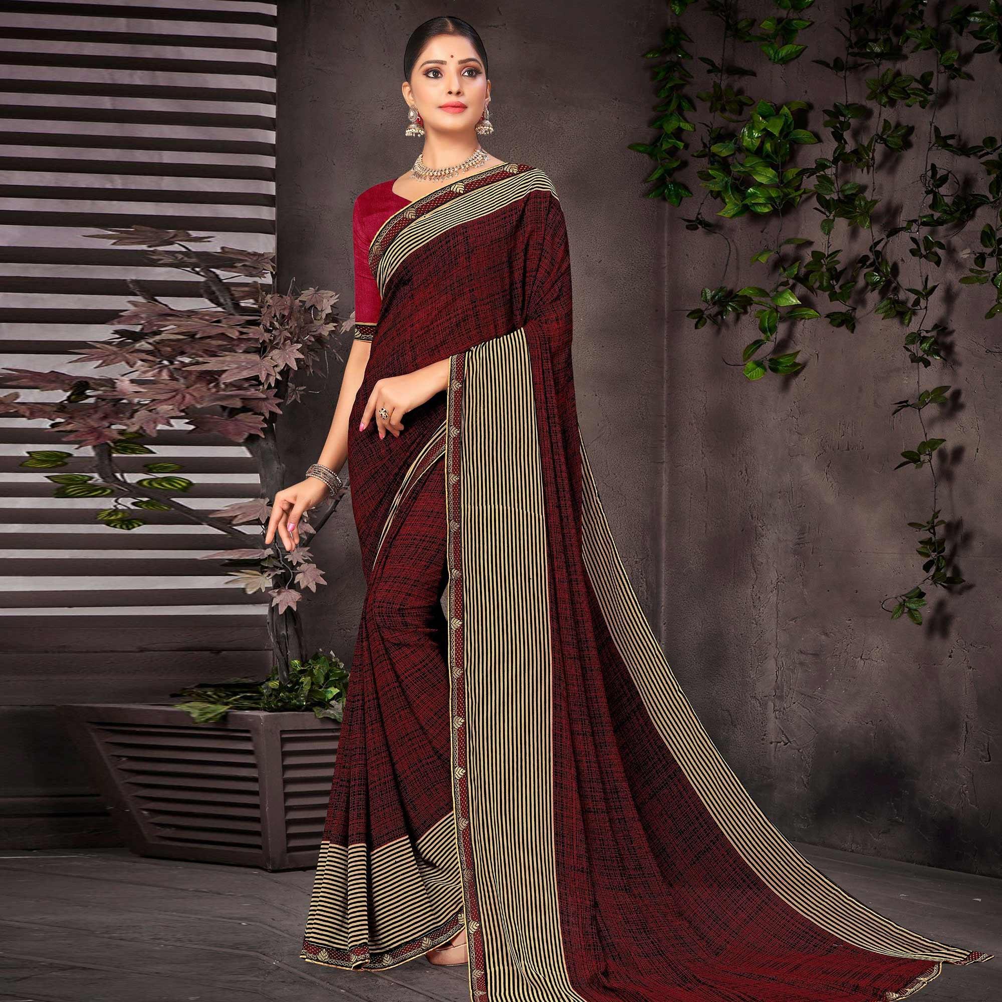 Maroon Checks Printed Georgette Saree - Peachmode