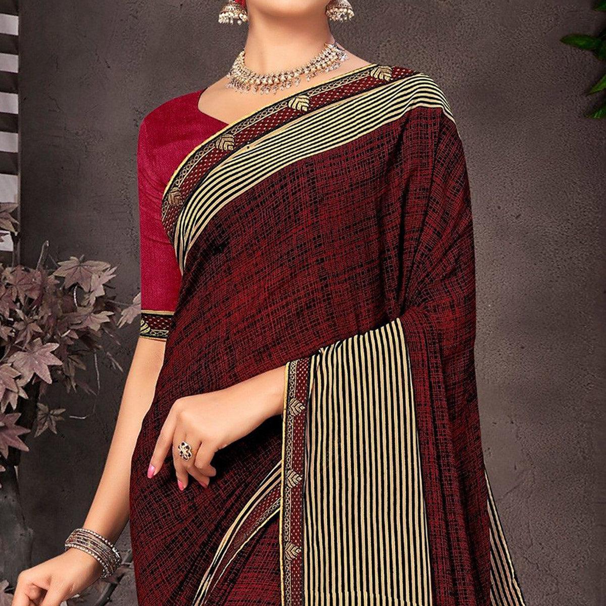 Maroon Checks Printed Georgette Saree - Peachmode
