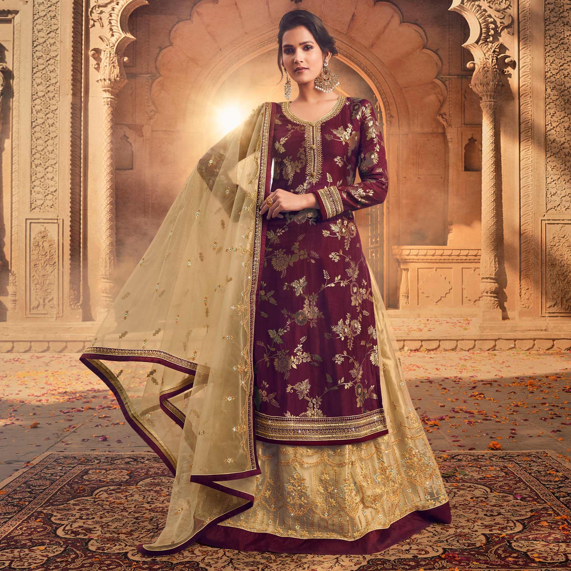 Maroon-Chikoo Festive Wear Floral Emboidered With Diamond Net Lehenga Choli - Peachmode