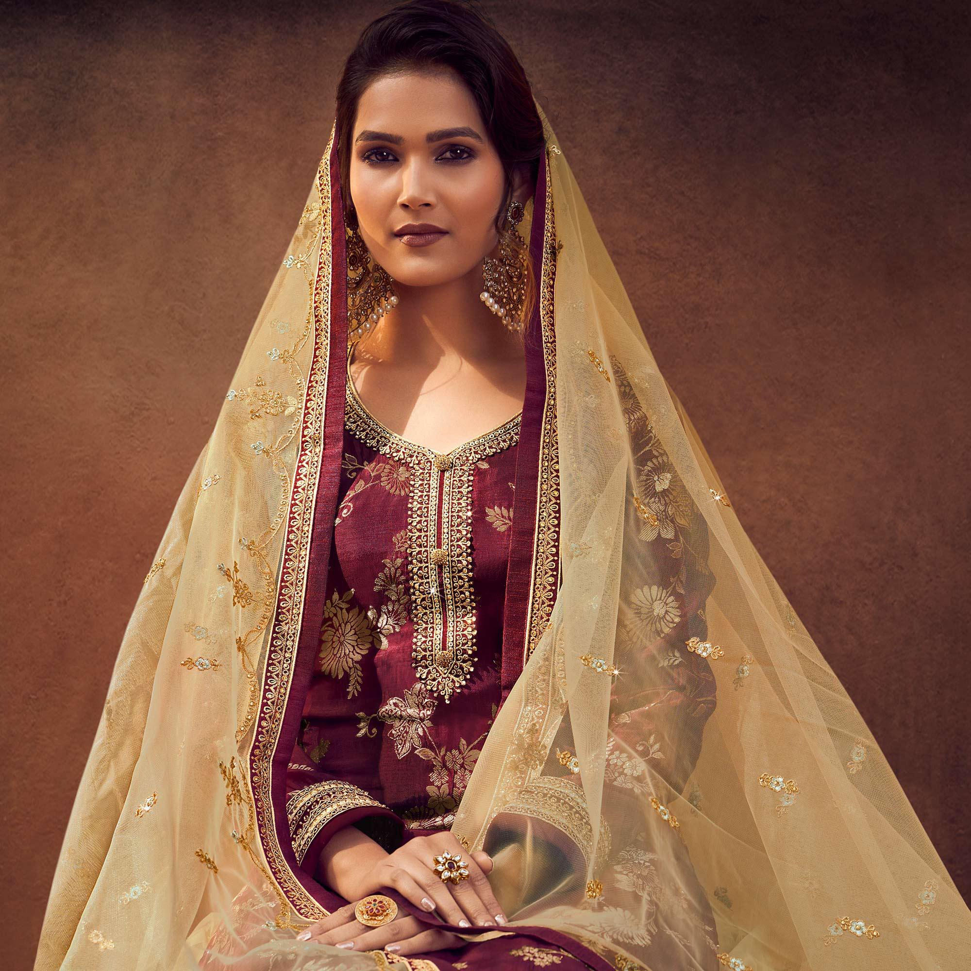 Maroon-Chikoo Festive Wear Floral Emboidered With Diamond Net Lehenga Choli - Peachmode
