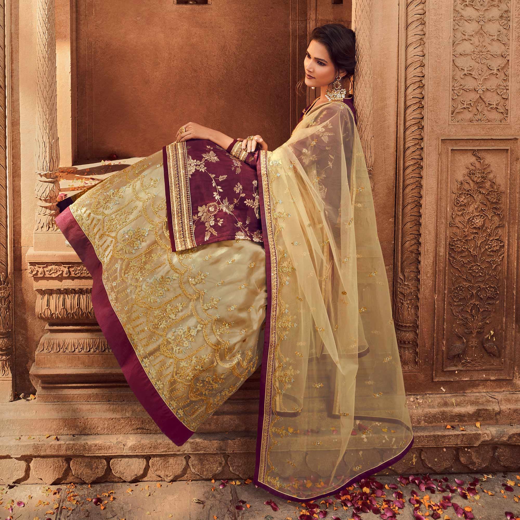 Maroon-Chikoo Festive Wear Floral Emboidered With Diamond Net Lehenga Choli - Peachmode