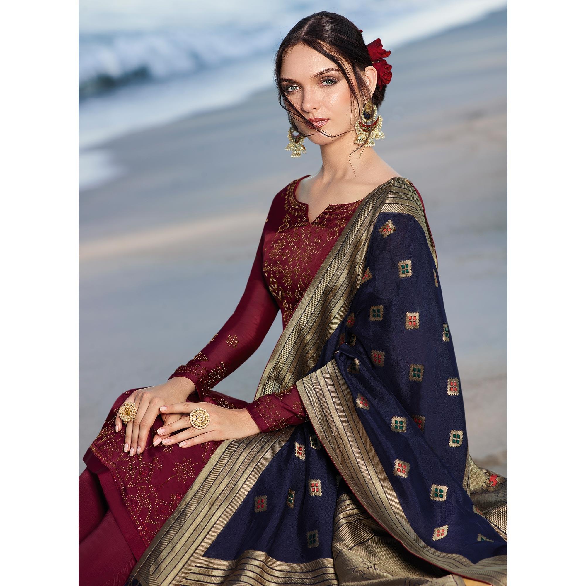 Maroon Colored Partywear Pure Satin Georgette Suit - Peachmode