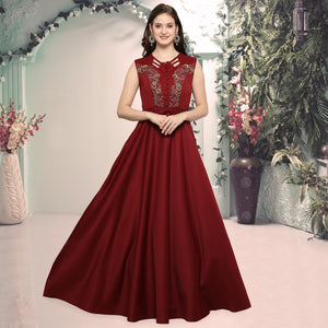 Maroon Designer Hand Embroidered Art Silk Gown - Peachmode