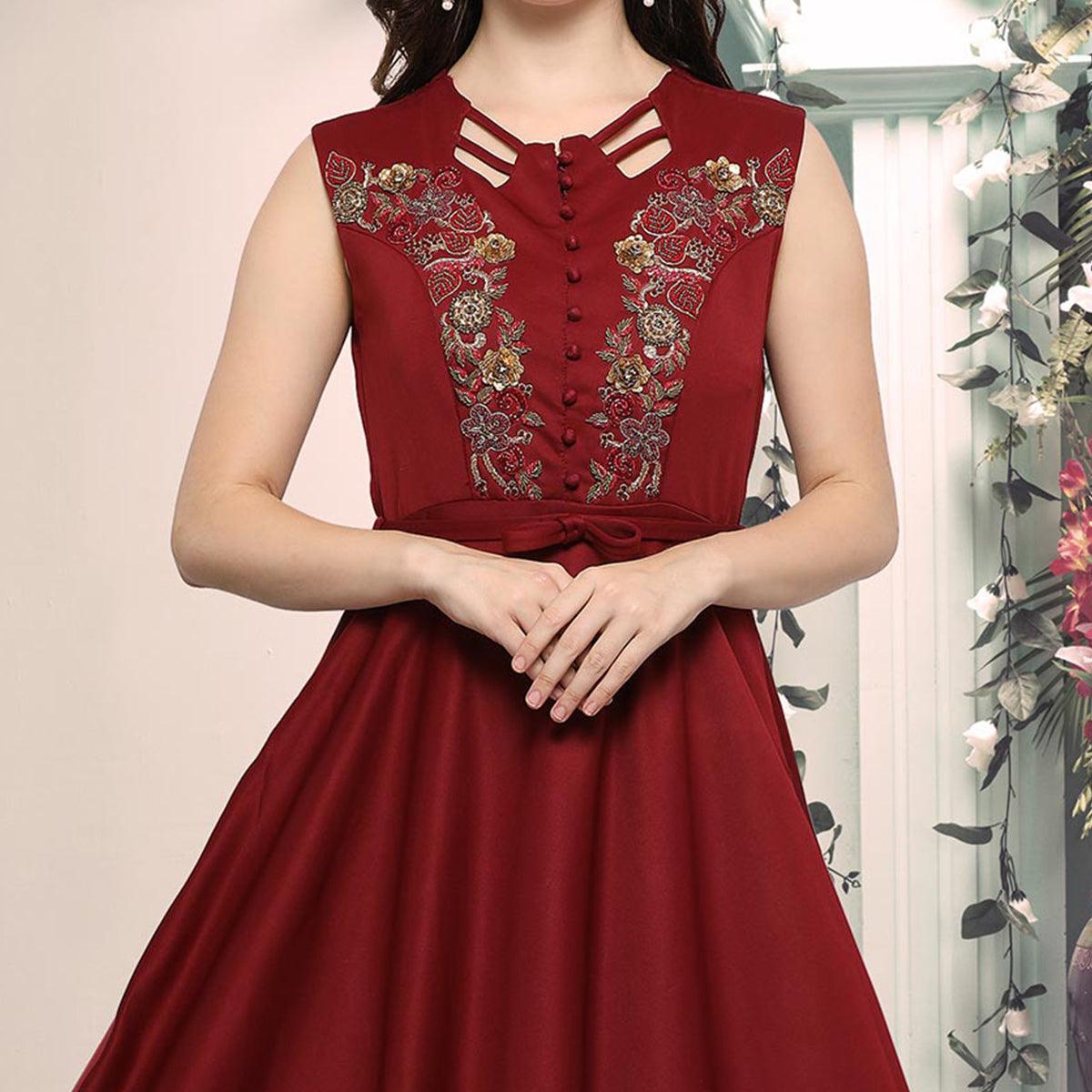 Maroon Designer Hand Embroidered Art Silk Gown - Peachmode