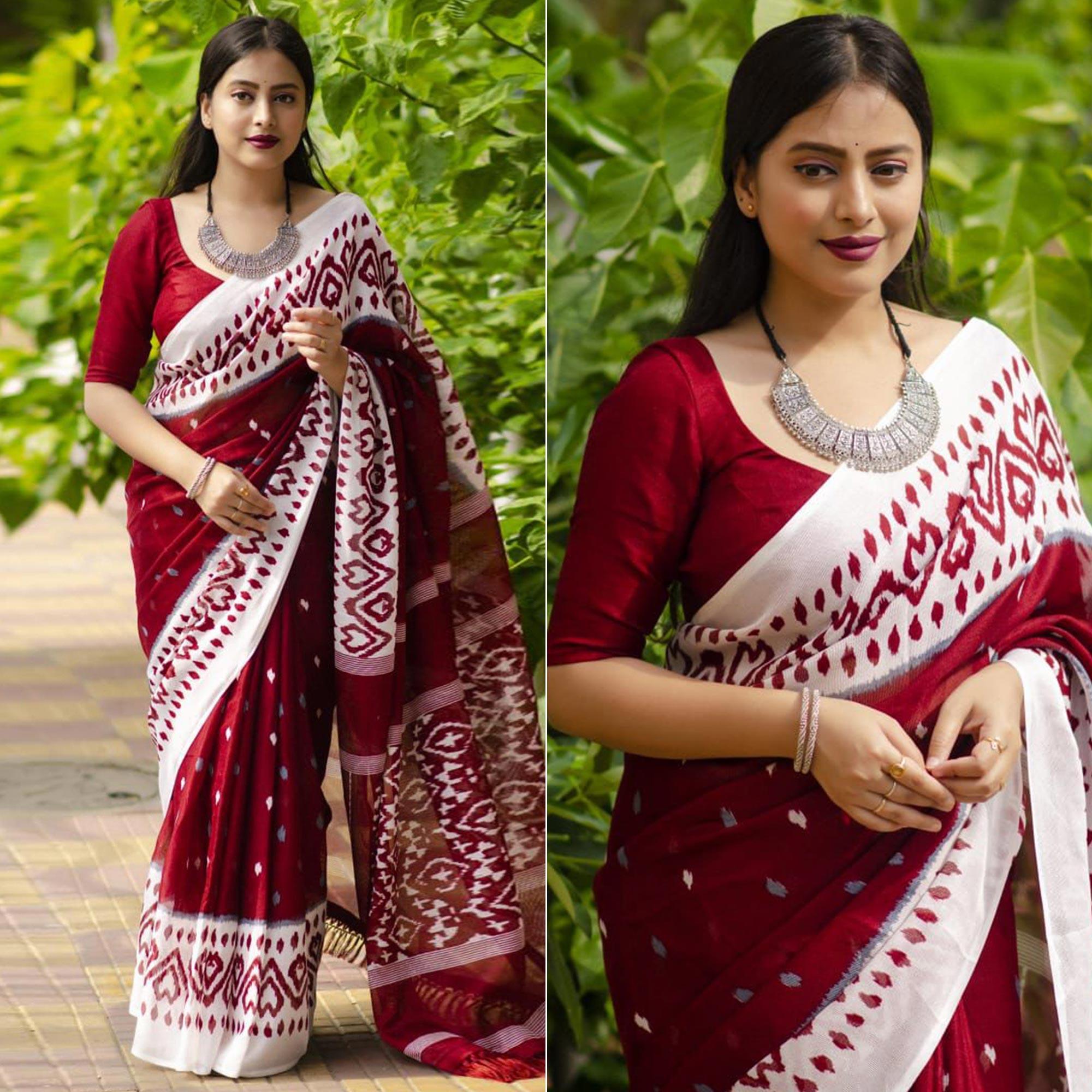 Maroon Digital Ikkat Printed Linen Saree - Peachmode