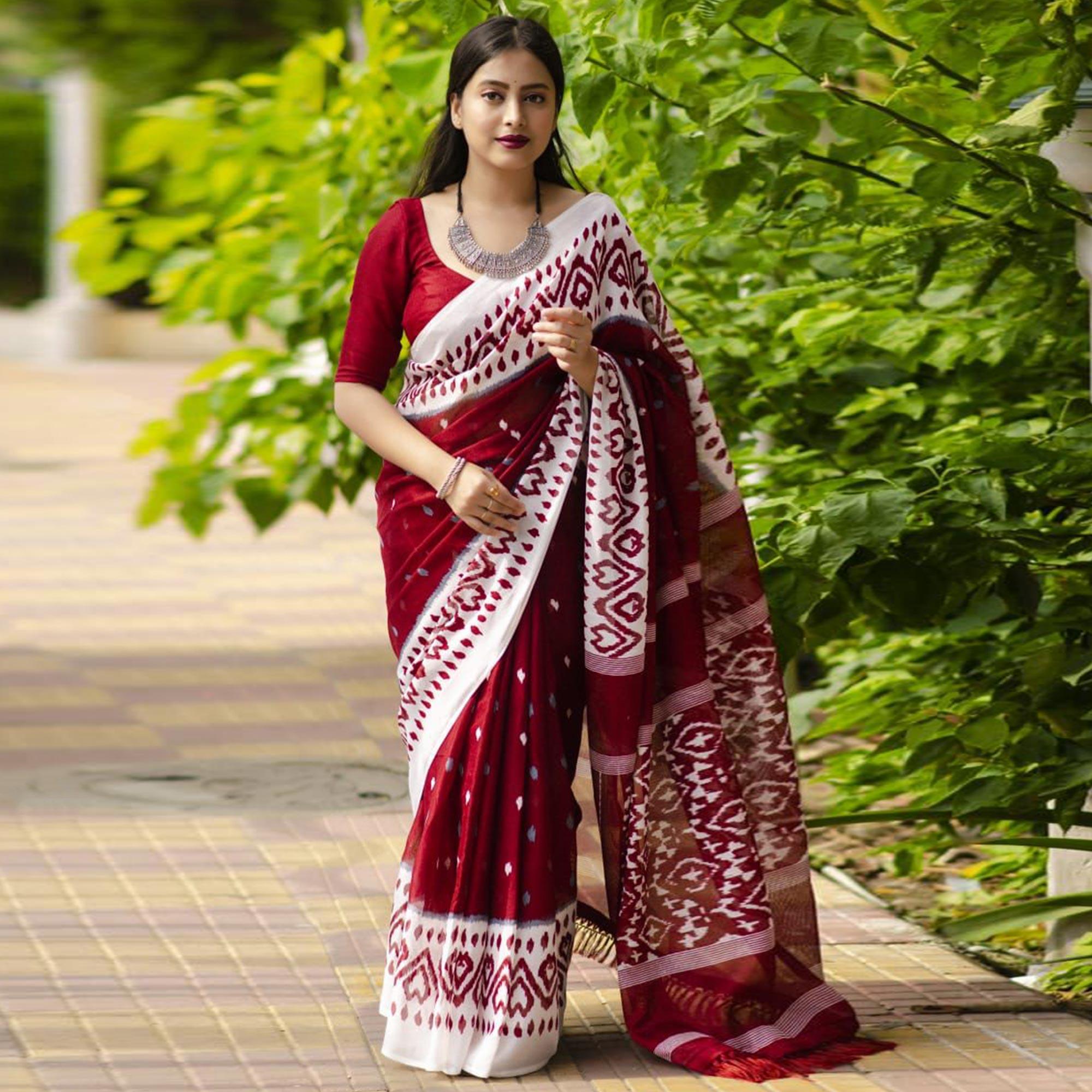 Maroon Digital Ikkat Printed Linen Saree - Peachmode