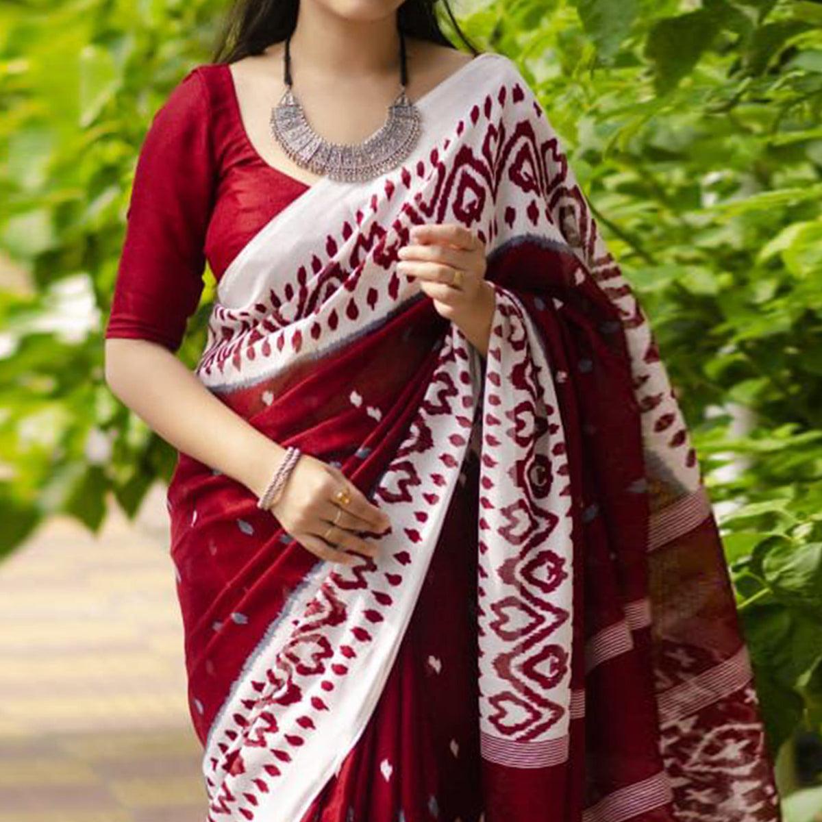 Maroon Digital Ikkat Printed Linen Saree - Peachmode