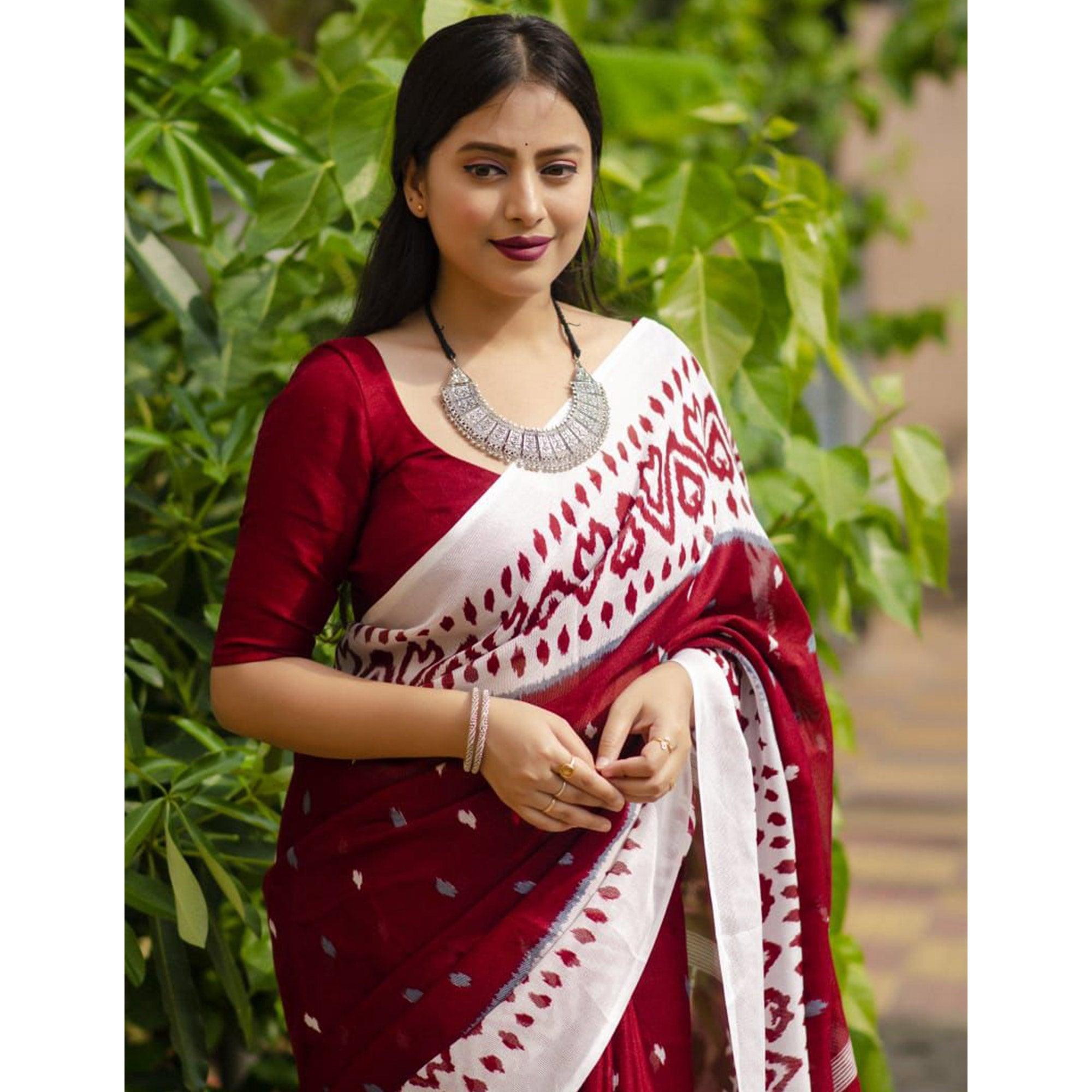 Maroon Digital Ikkat Printed Linen Saree - Peachmode