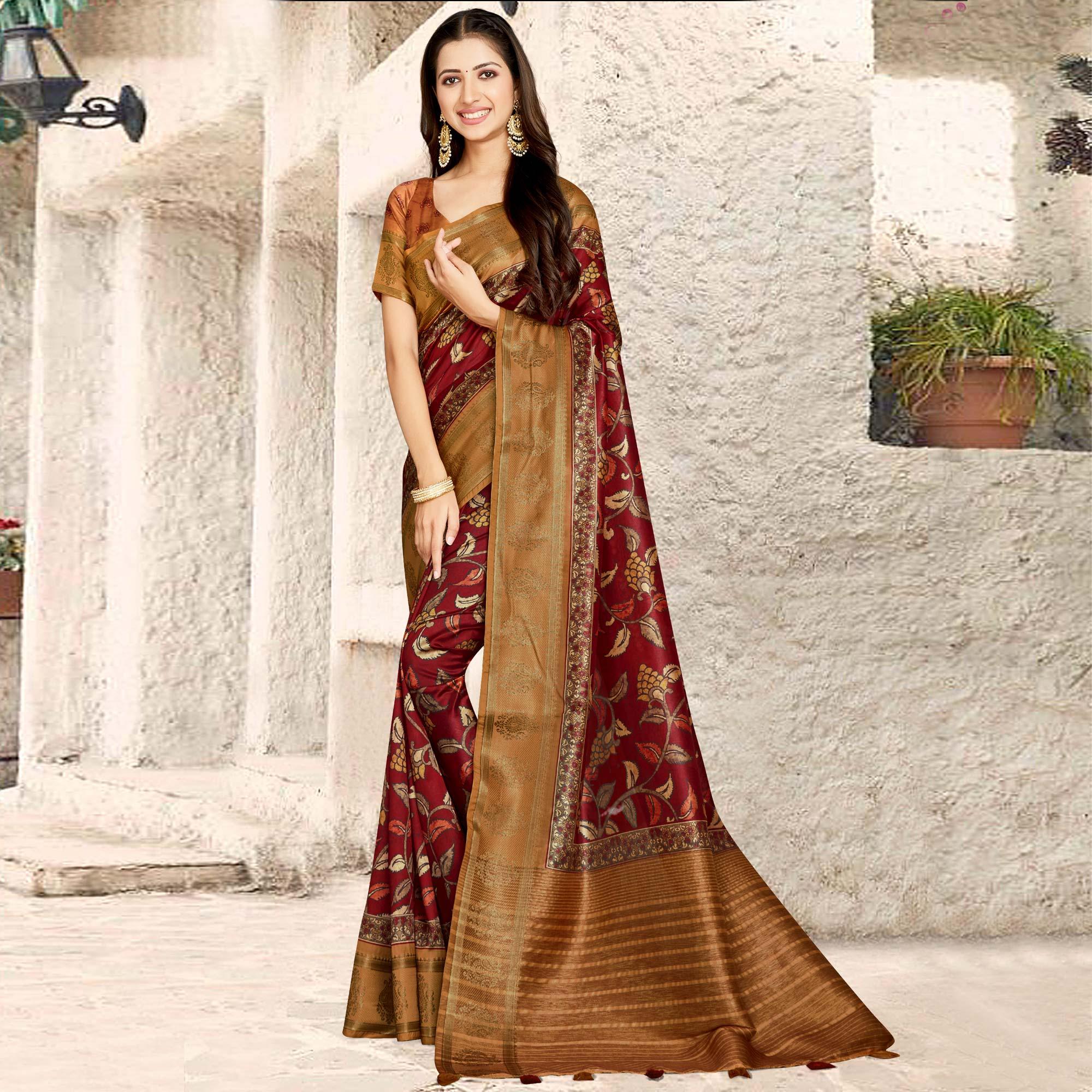 Maroon Digital Printed Tussar Silk Saree With Tassels - Peachmode