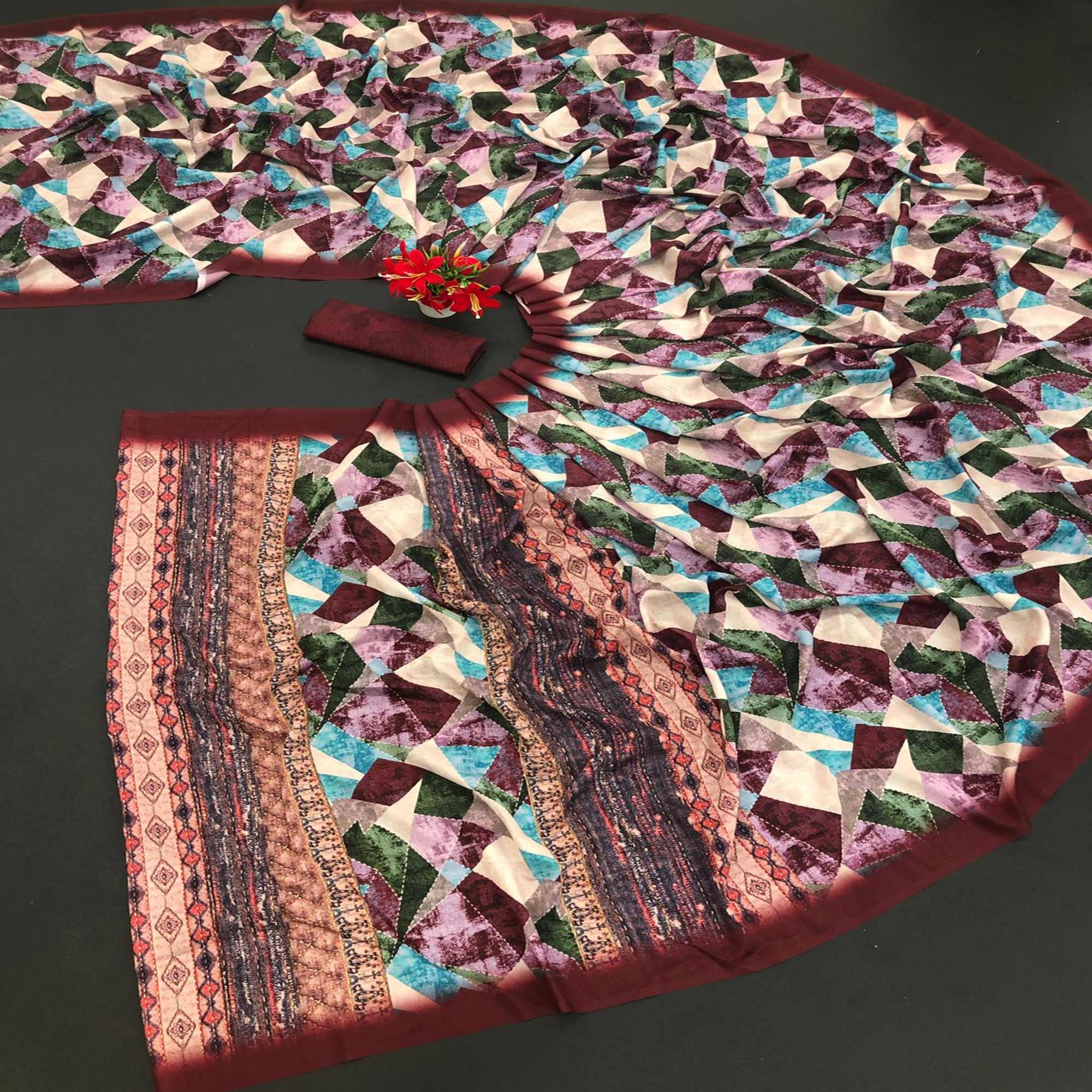 Maroon Digital Printed Vichitra Silk Saree - Peachmode