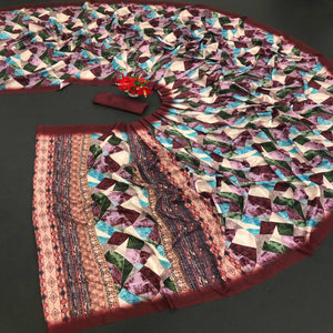 Maroon Digital Printed Vichitra Silk Saree - Peachmode