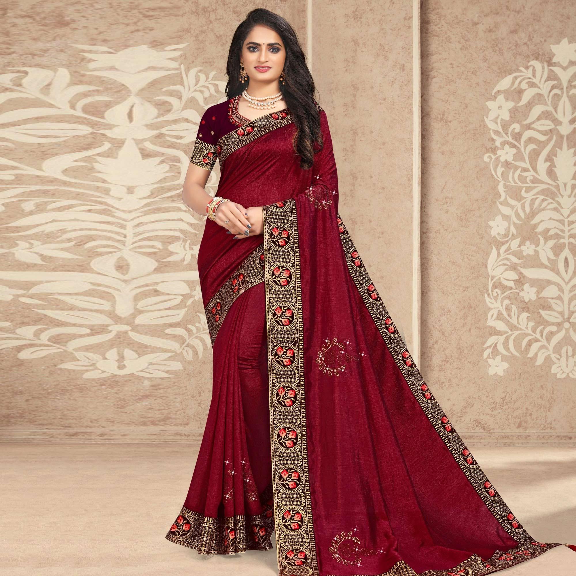 Maroon Embellished Vichitra Silk Saree - Peachmode