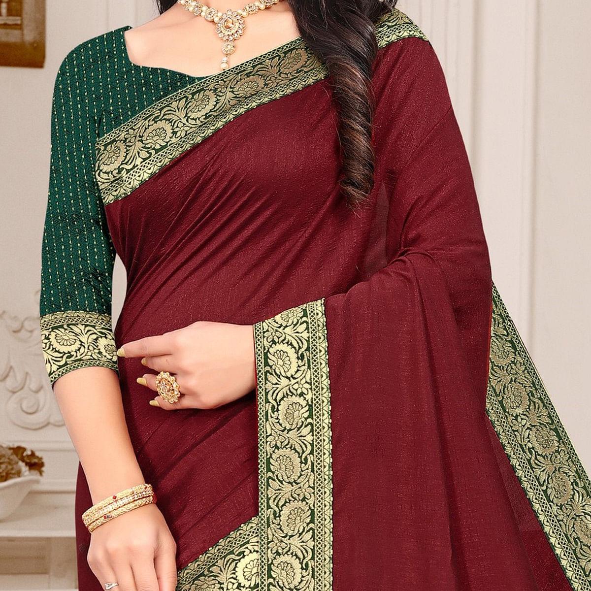 Maroon Embellished Vichitra Silk Saree - Peachmode