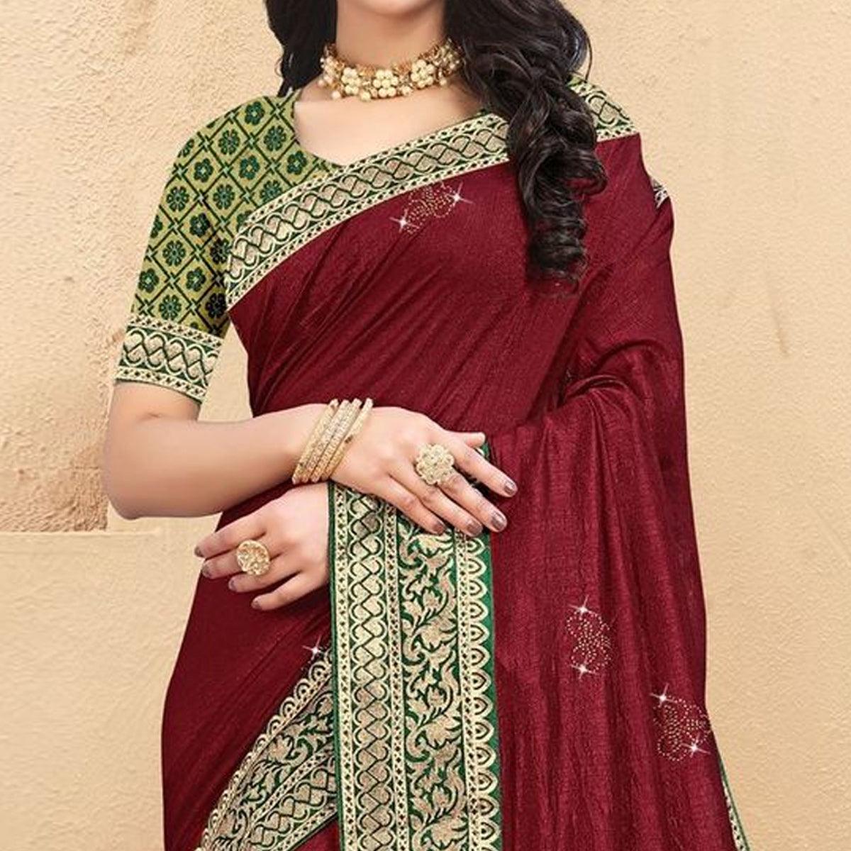 Maroon Embellished Vichitra Silk Saree - Peachmode