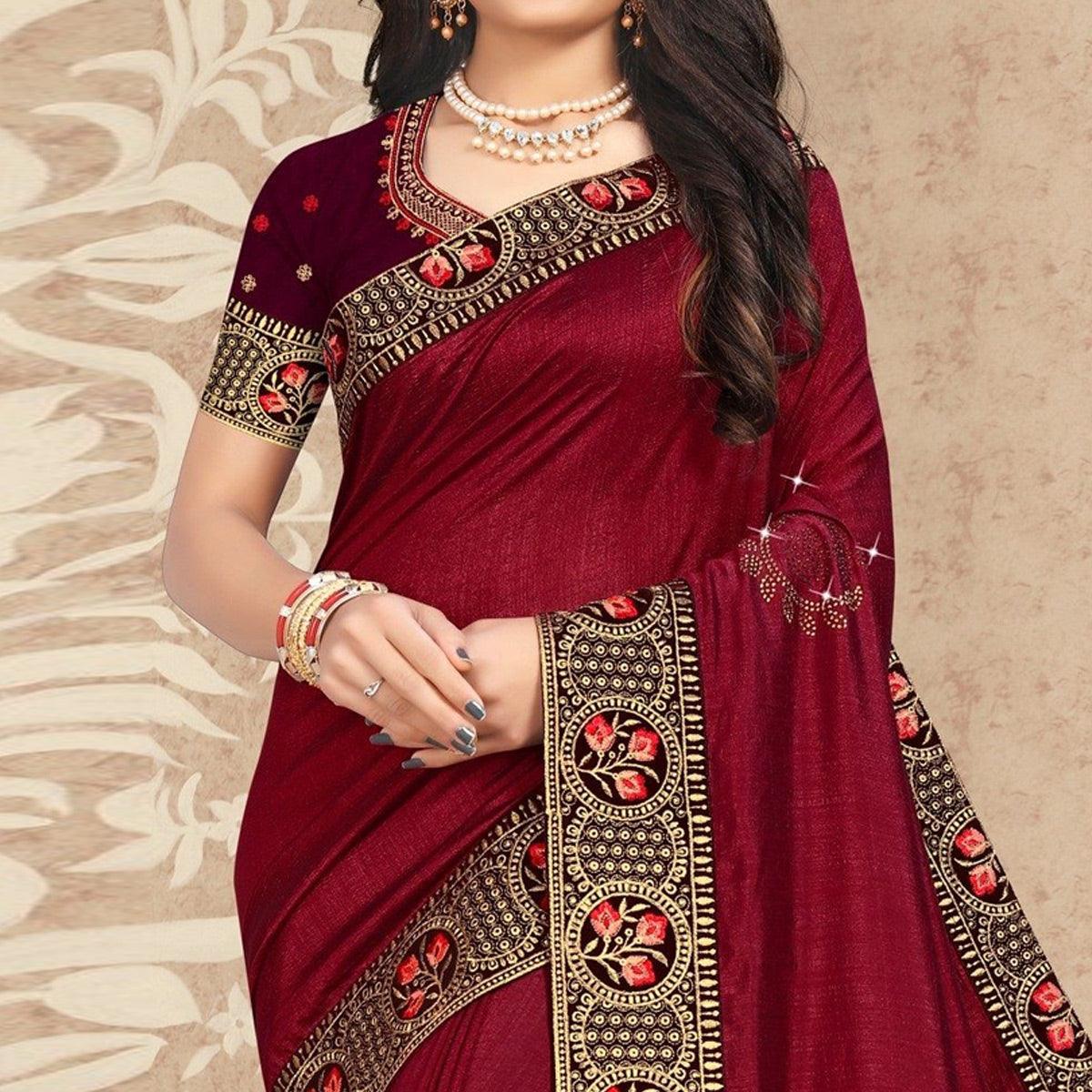 Maroon Embellished Vichitra Silk Saree - Peachmode