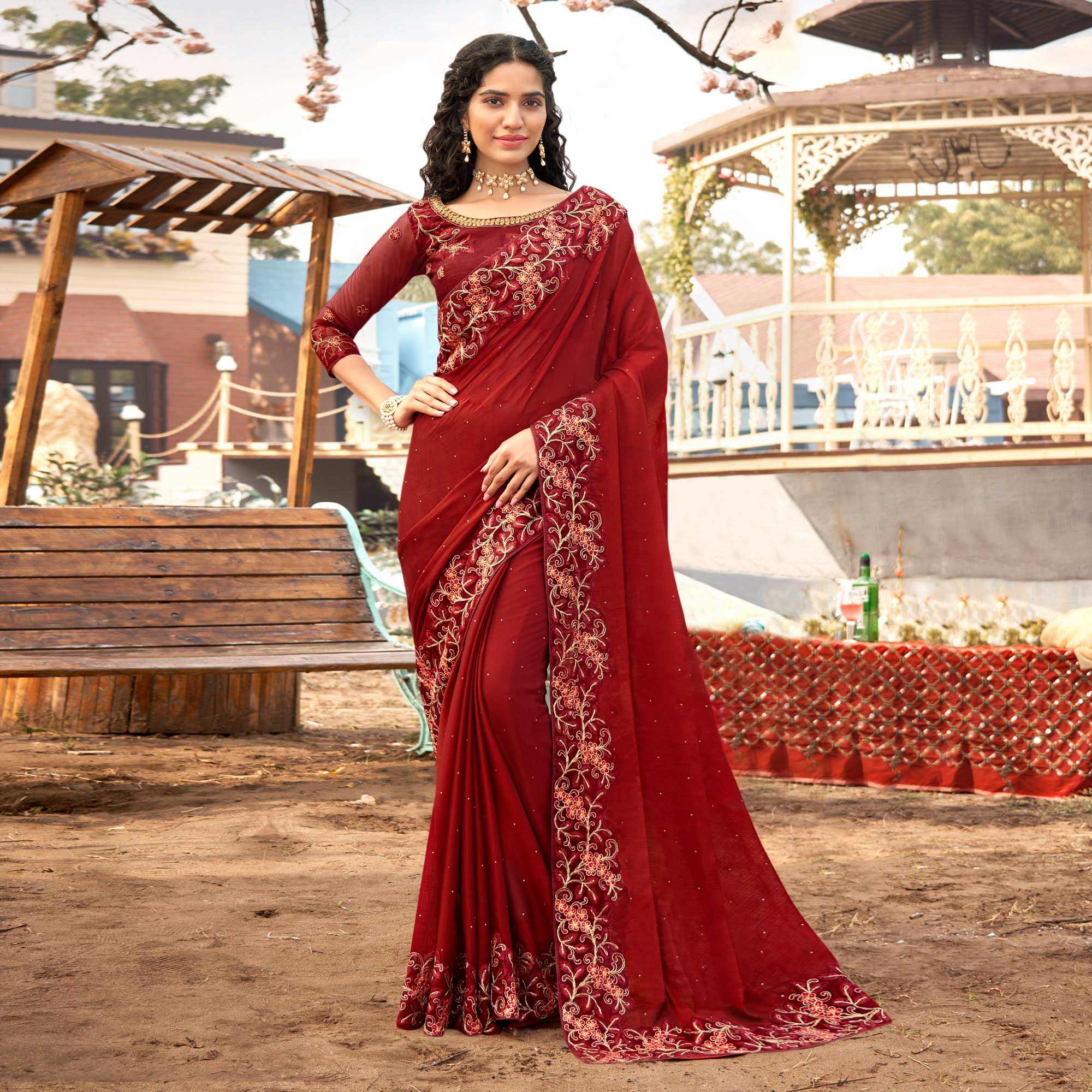 Maroon Embellished With Embroidered Chiffon Saree - Peachmode