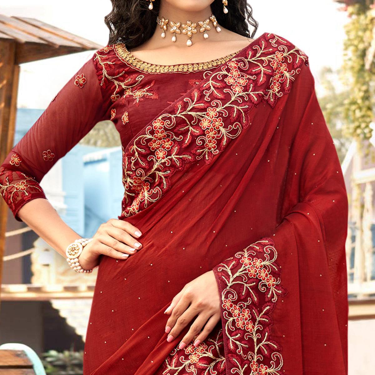Maroon Embellished With Embroidered Chiffon Saree - Peachmode