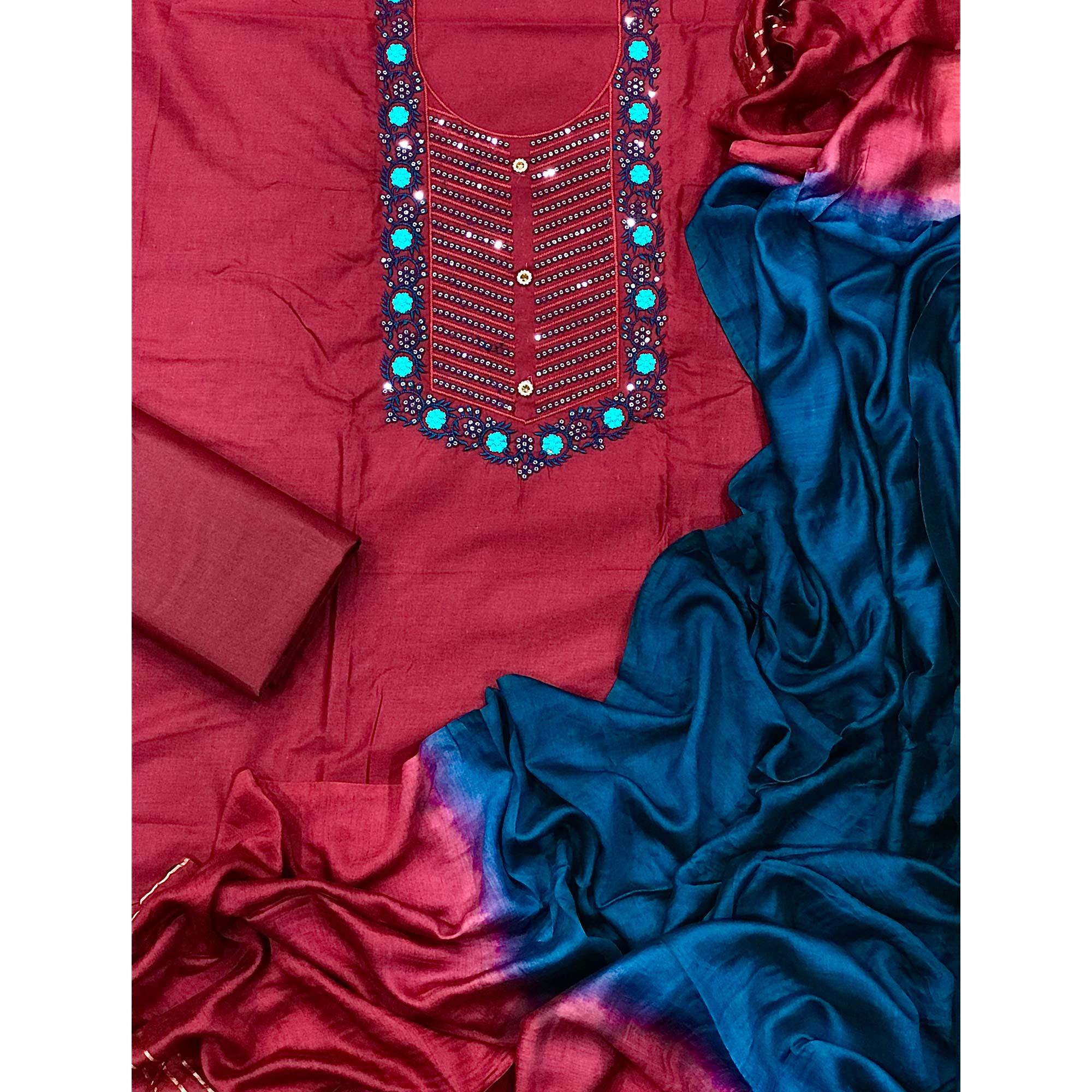 Maroon Embellished With Embroidered Cotton Blend Dress Material - Peachmode