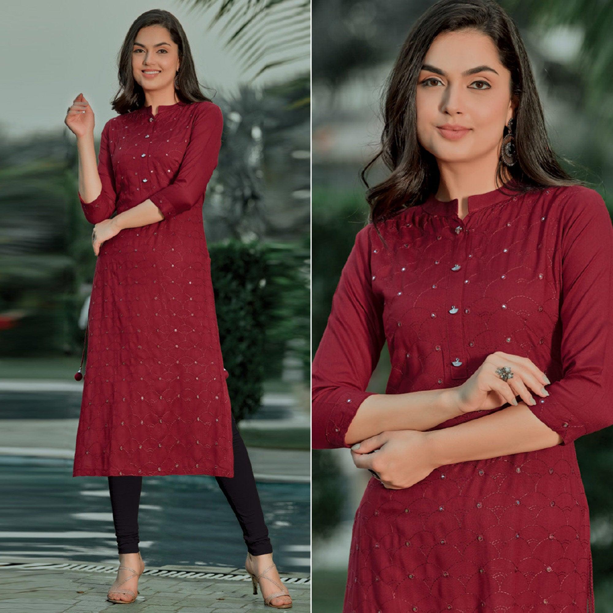 Maroon Embellished With Embroidered Cotton Kurti - Peachmode