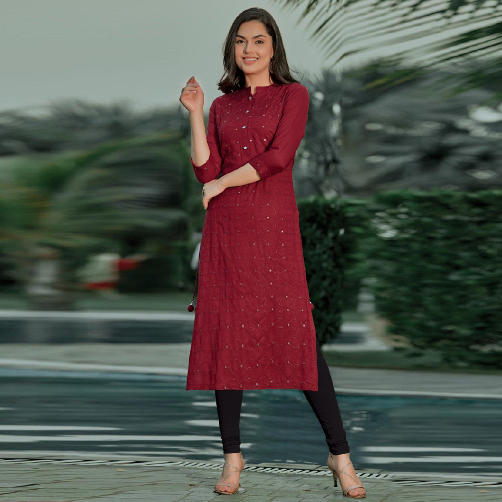 Maroon Embellished With Embroidered Cotton Kurti - Peachmode