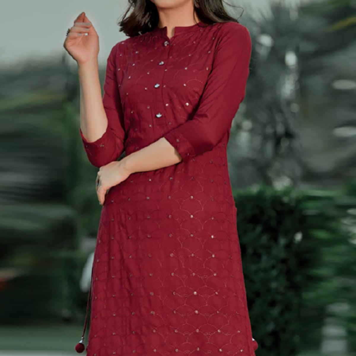 Maroon Embellished With Embroidered Cotton Kurti - Peachmode