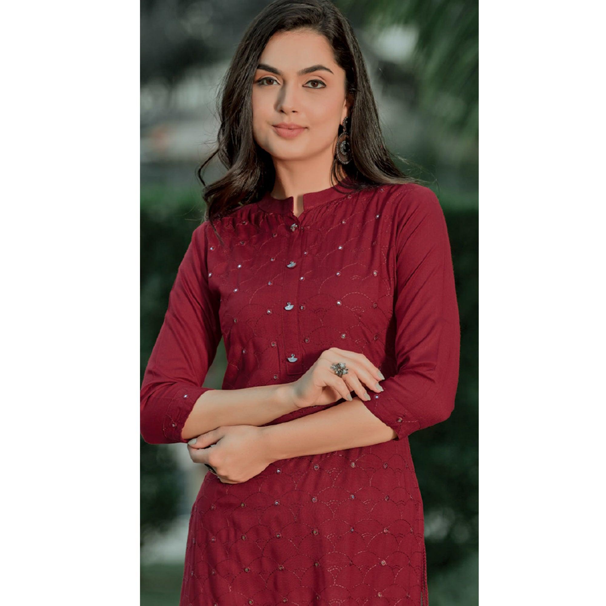 Maroon Embellished With Embroidered Cotton Kurti - Peachmode