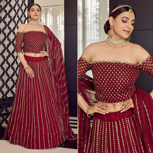 Maroon Embellished With Embroidered Georgette Lehenga Choli - Peachmode