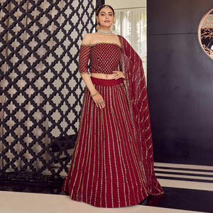 Maroon Embellished With Embroidered Georgette Lehenga Choli - Peachmode
