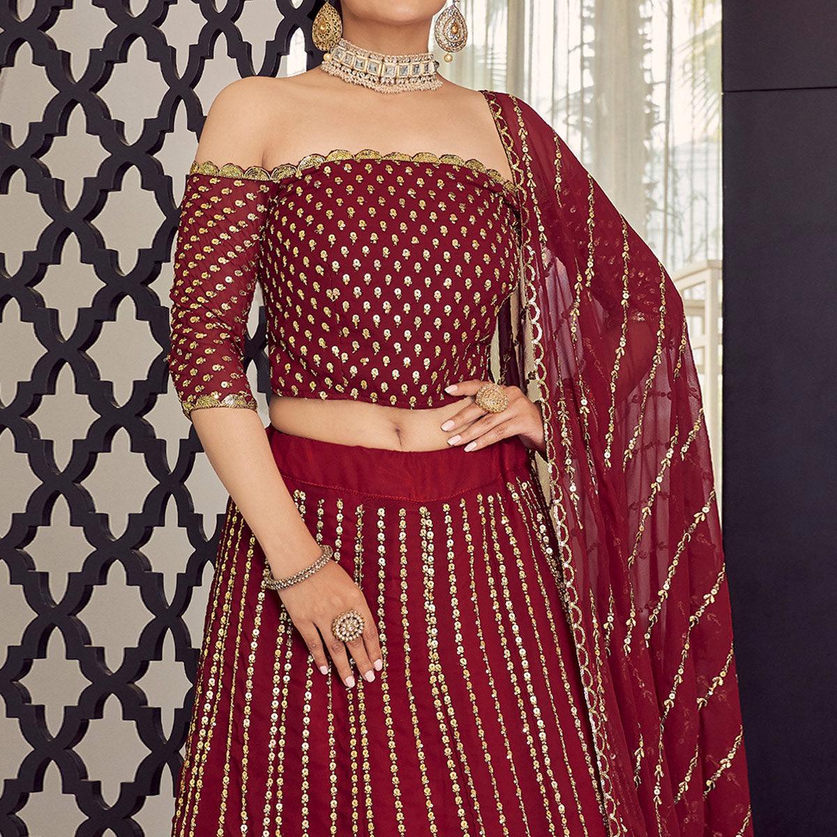 Maroon Embellished With Embroidered Georgette Lehenga Choli - Peachmode
