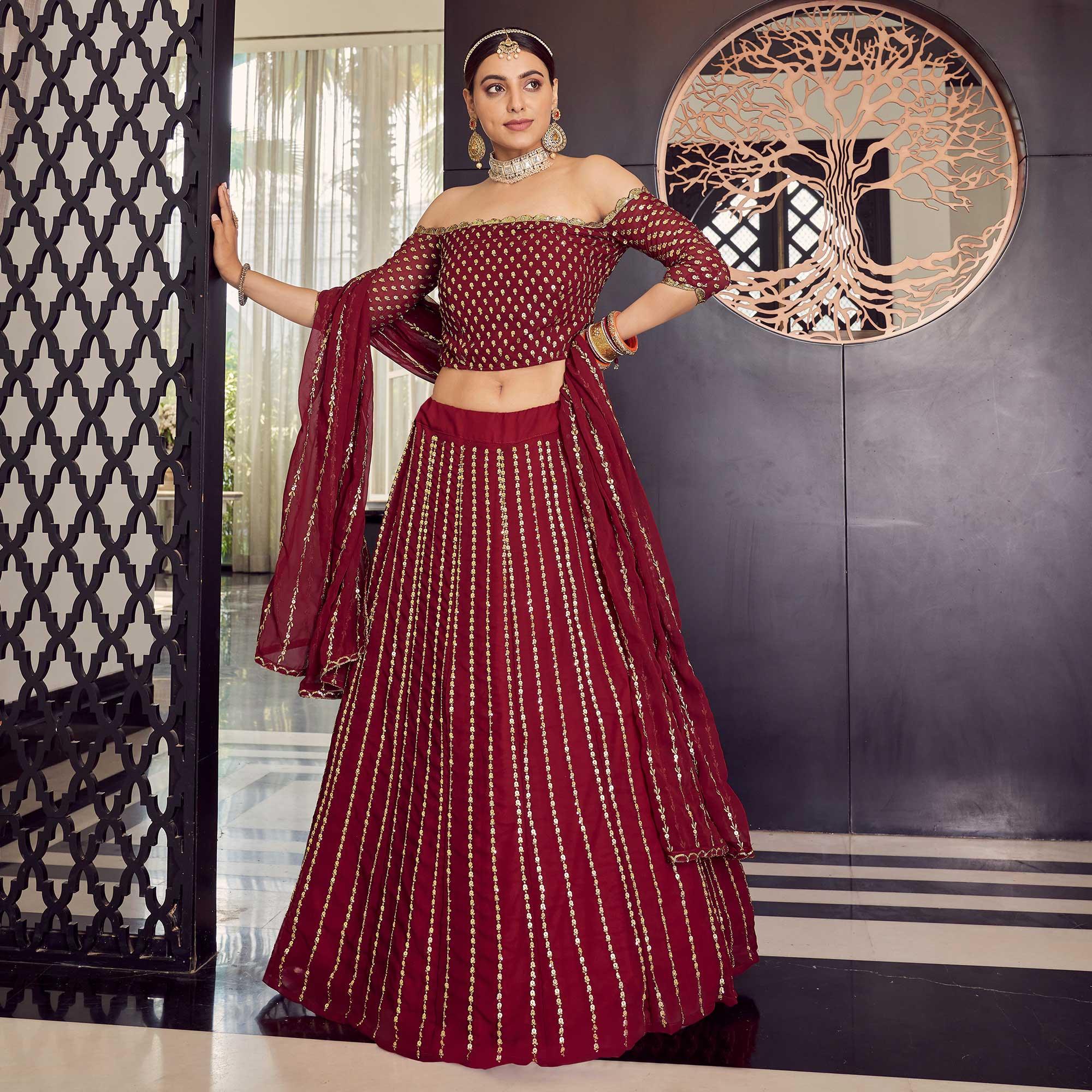 Maroon Embellished With Embroidered Georgette Lehenga Choli - Peachmode
