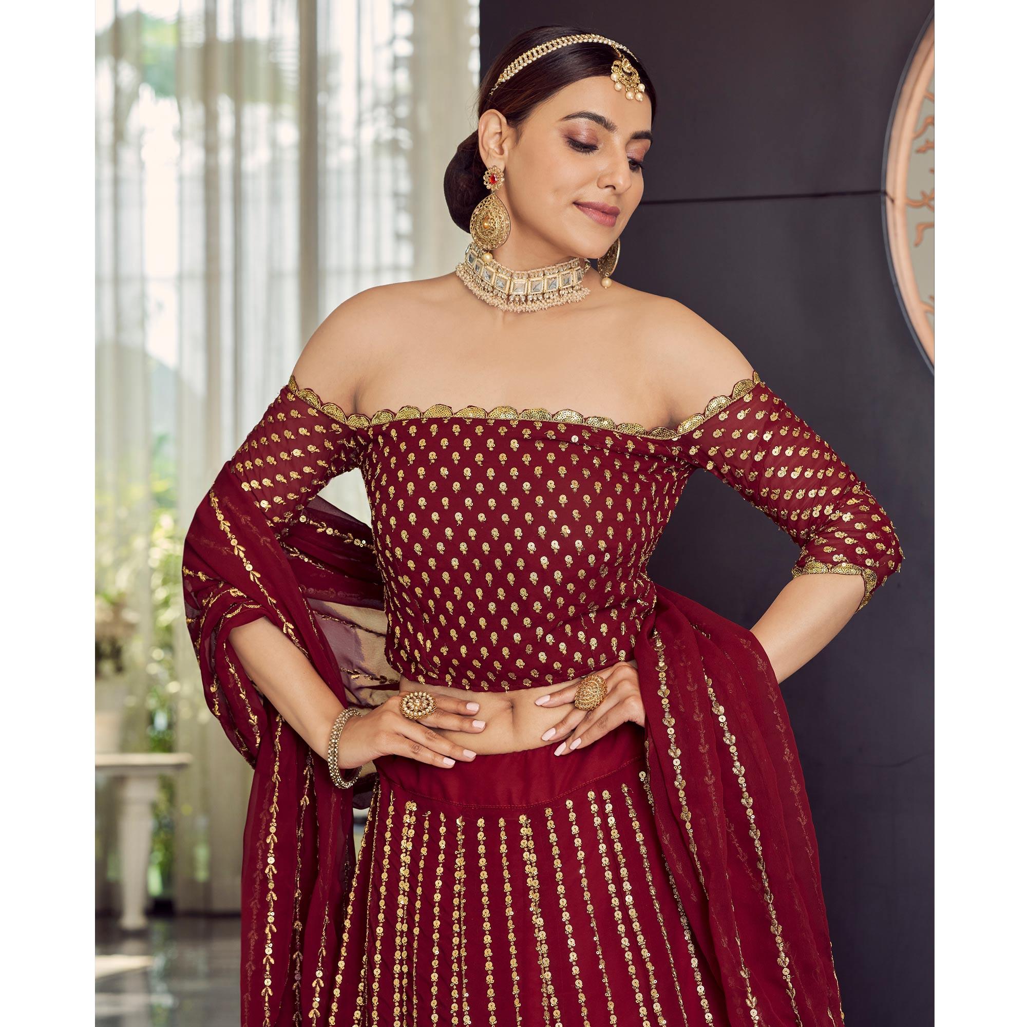 Maroon Embellished With Embroidered Georgette Lehenga Choli - Peachmode