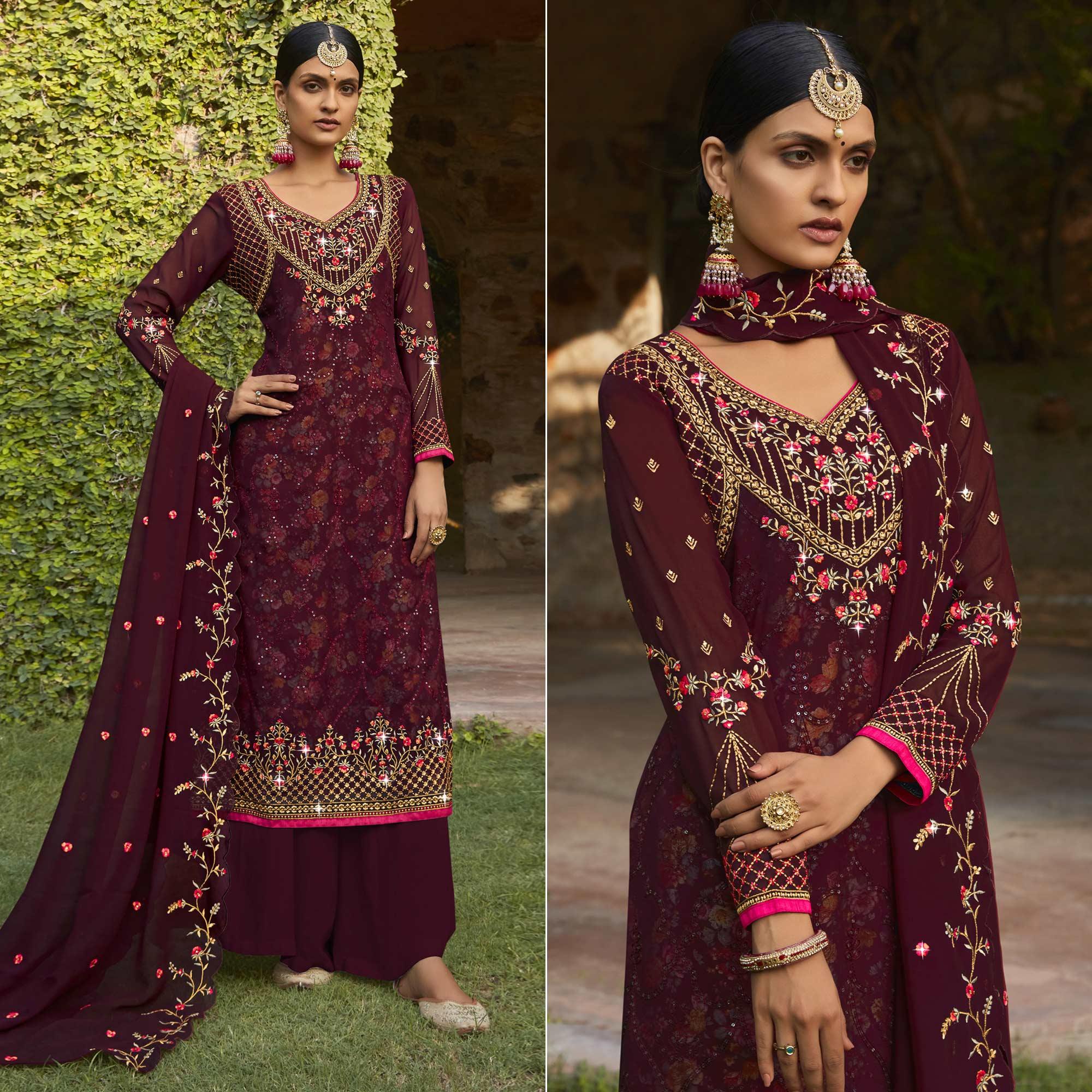 Maroon Embellished With Embroidered Georgette Palazzo Suit - Peachmode
