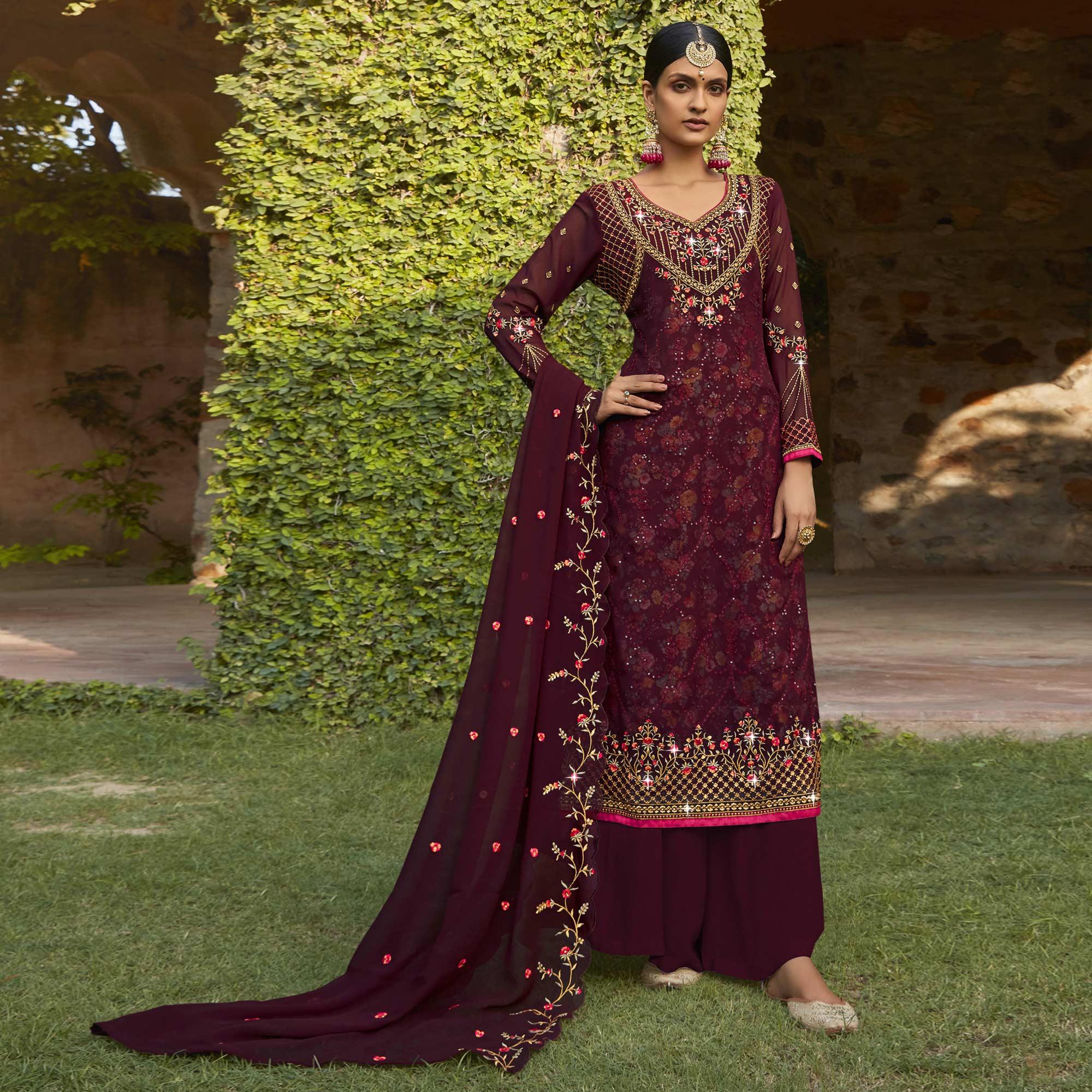 Maroon Embellished With Embroidered Georgette Palazzo Suit - Peachmode