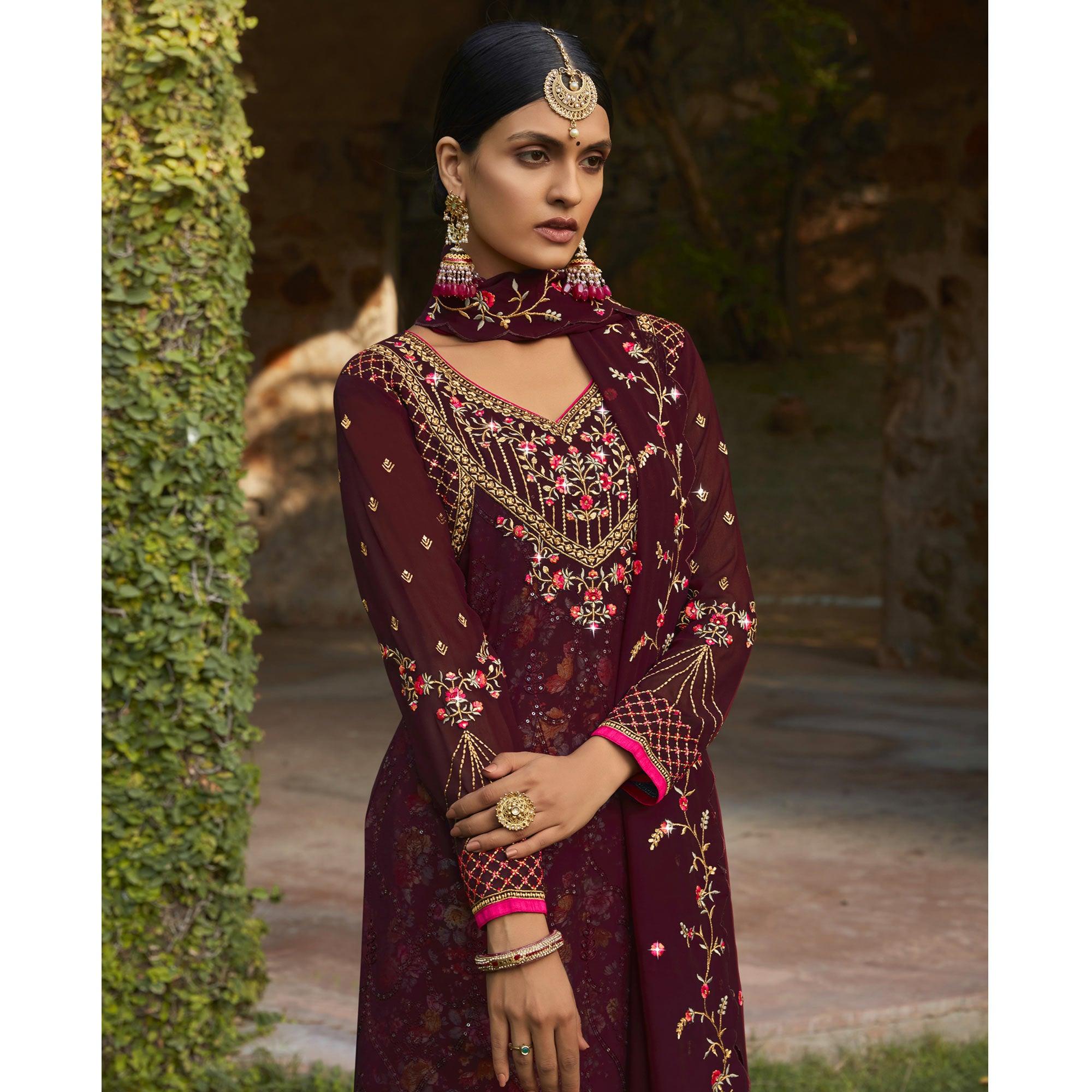 Maroon Embellished With Embroidered Georgette Palazzo Suit - Peachmode