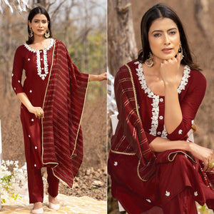 Maroon Embellished With Embroidered Muslin Kurti Pant Set With Dupatta - Peachmode