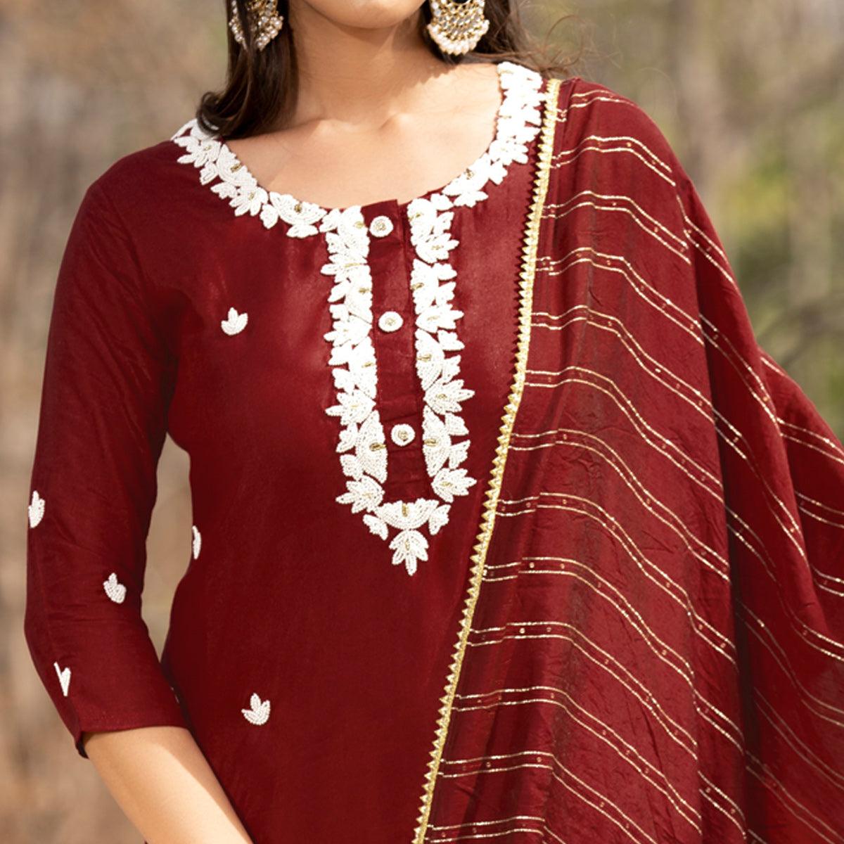 Maroon Embellished With Embroidered Muslin Kurti Pant Set With Dupatta - Peachmode