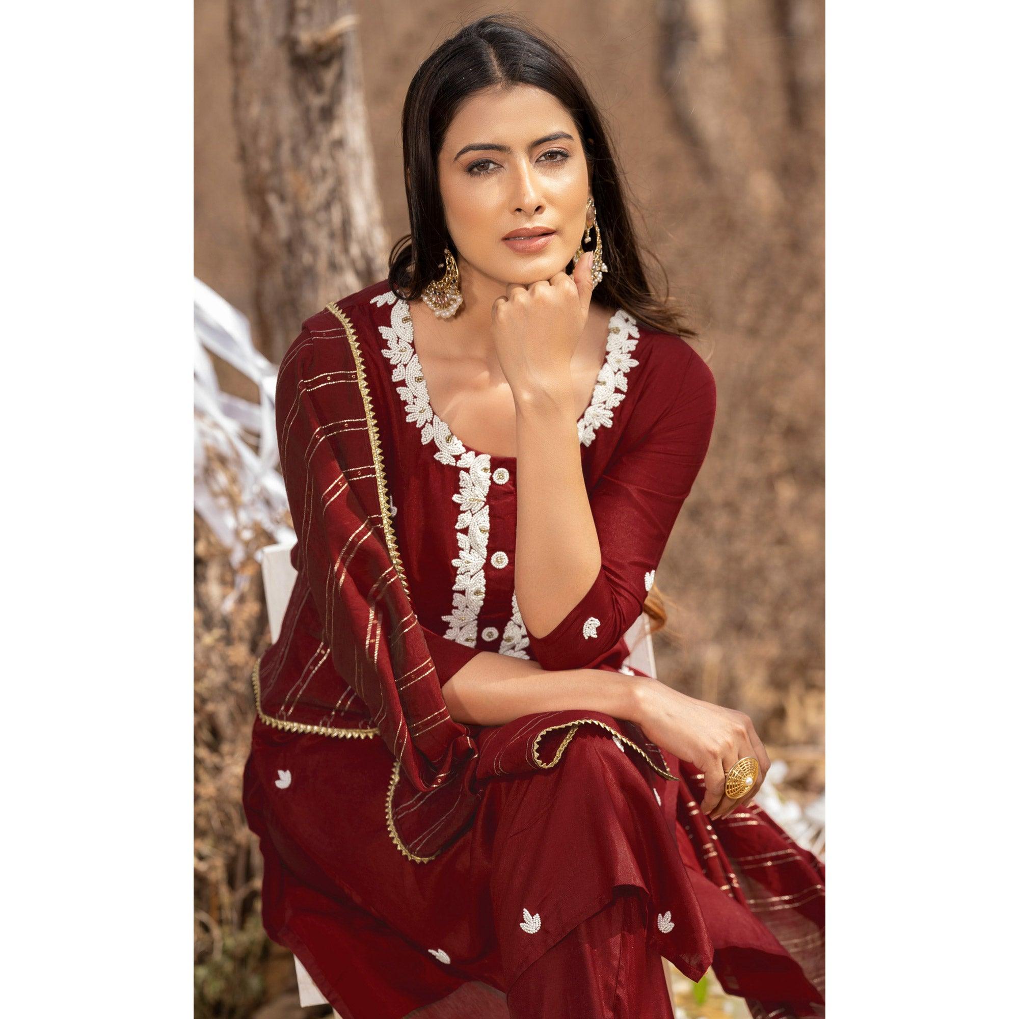 Maroon Embellished With Embroidered Muslin Kurti Pant Set With Dupatta - Peachmode