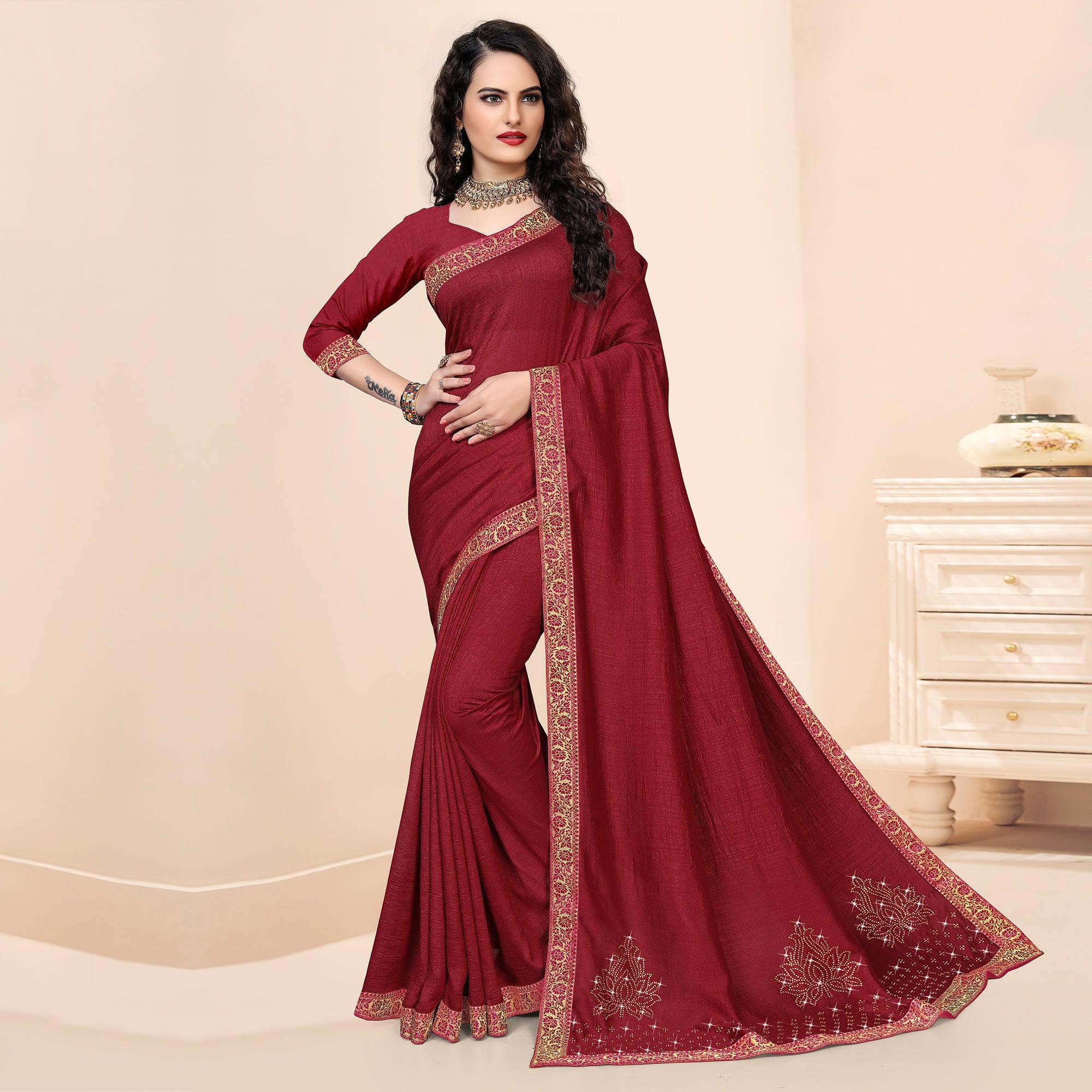 Maroon Embellished With Embroidered Vichitra Silk Saree - Peachmode