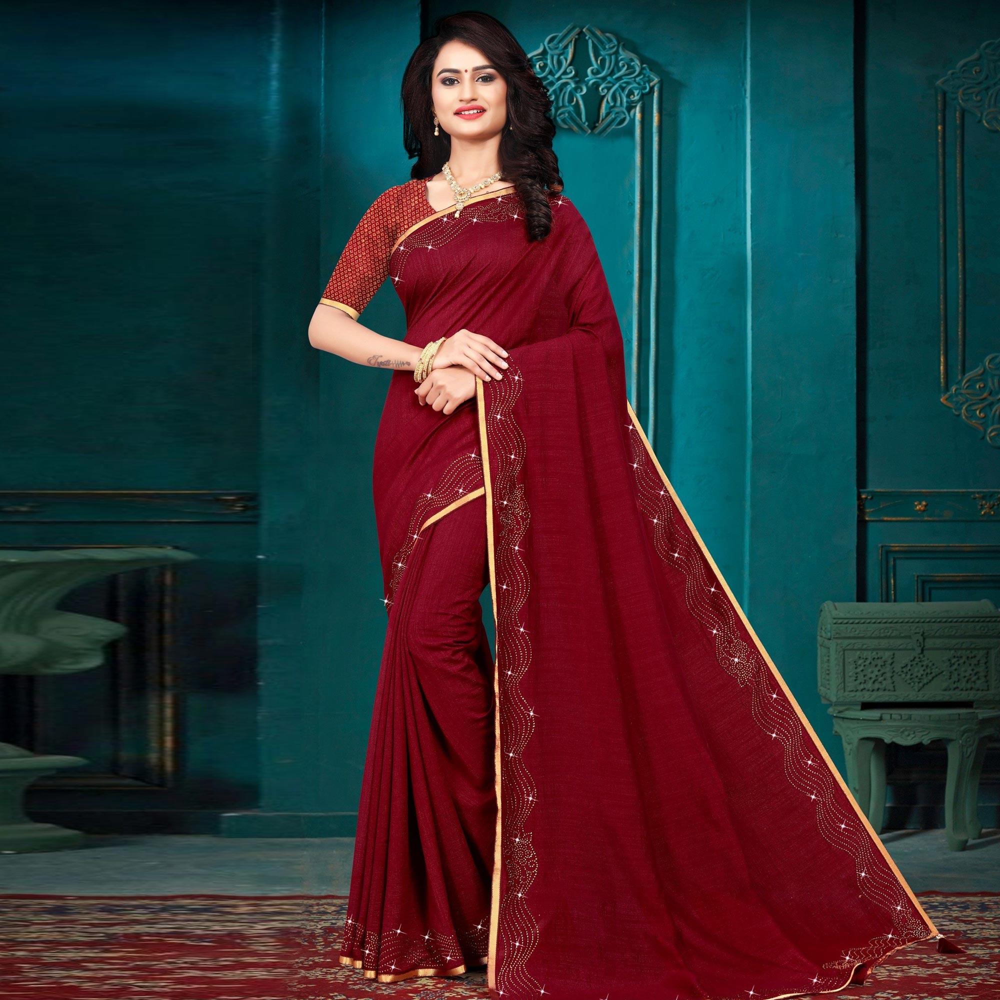 Maroon Embellished With Embroidered Vichitra Silk Saree - Peachmode