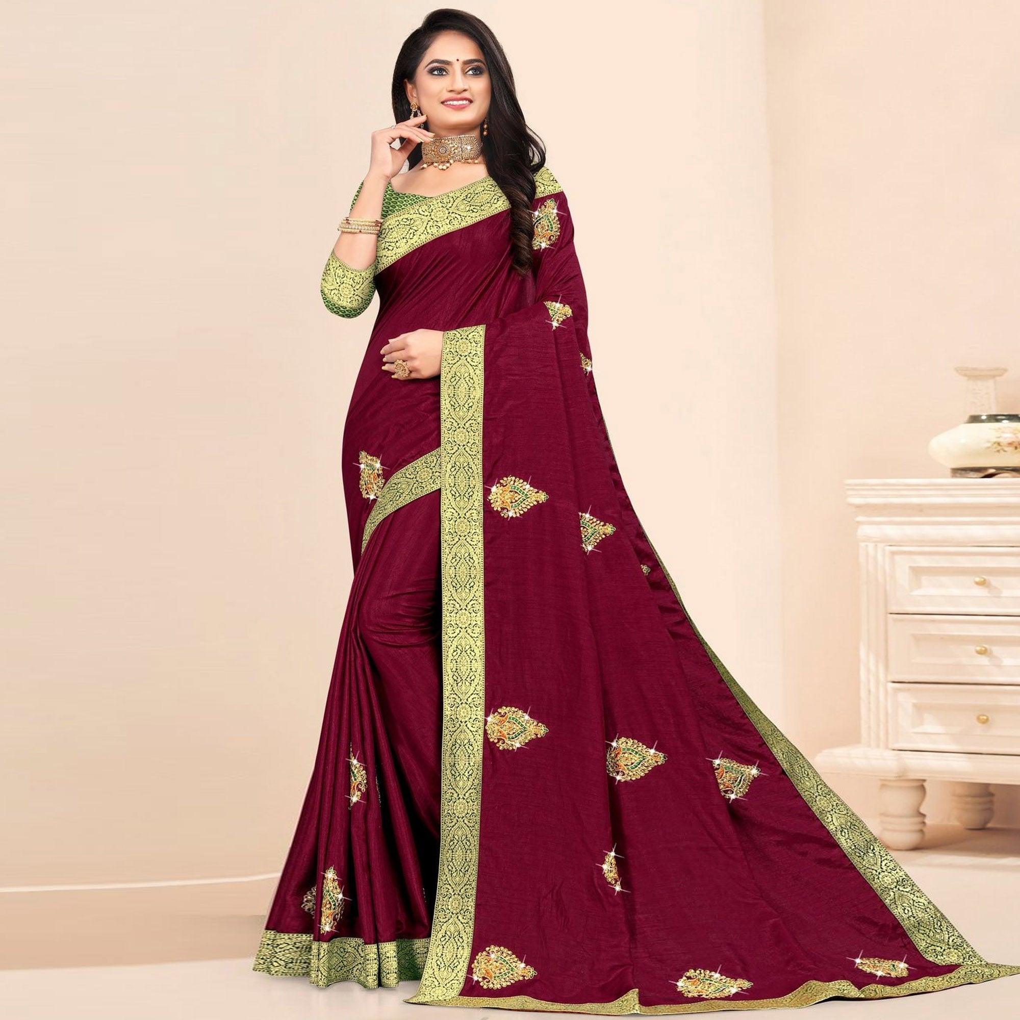 Maroon Embellished With Embroidered Vichitra Silk Saree - Peachmode