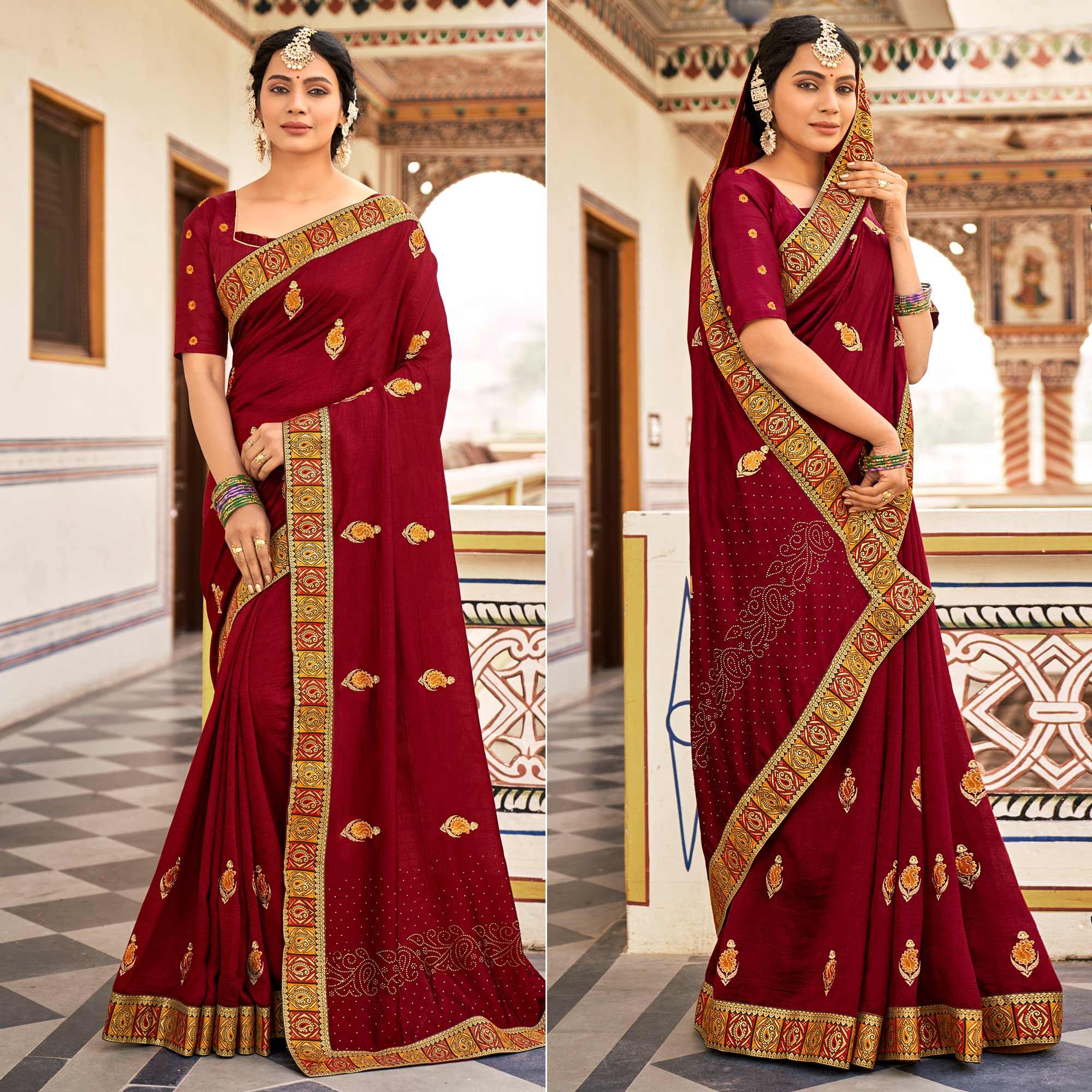 Maroon Embellished With Embroidered Vichitra Silk Saree - Peachmode