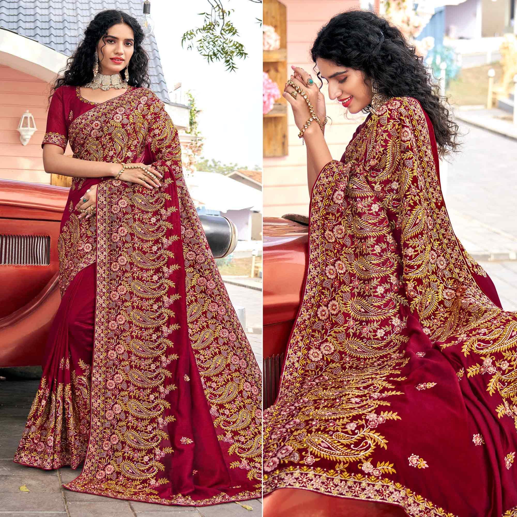 Maroon Embellished With Embroidered Vichitra Silk Saree - Peachmode